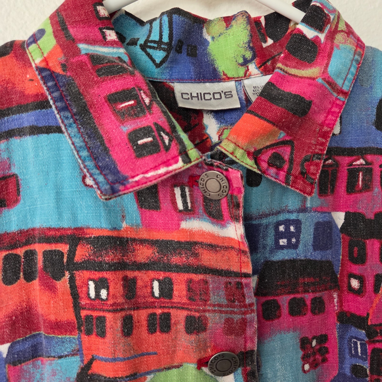 Vtg Chico’s Sleeveless Jacket Vest Vibrant Multicolored Big City Print Size 1