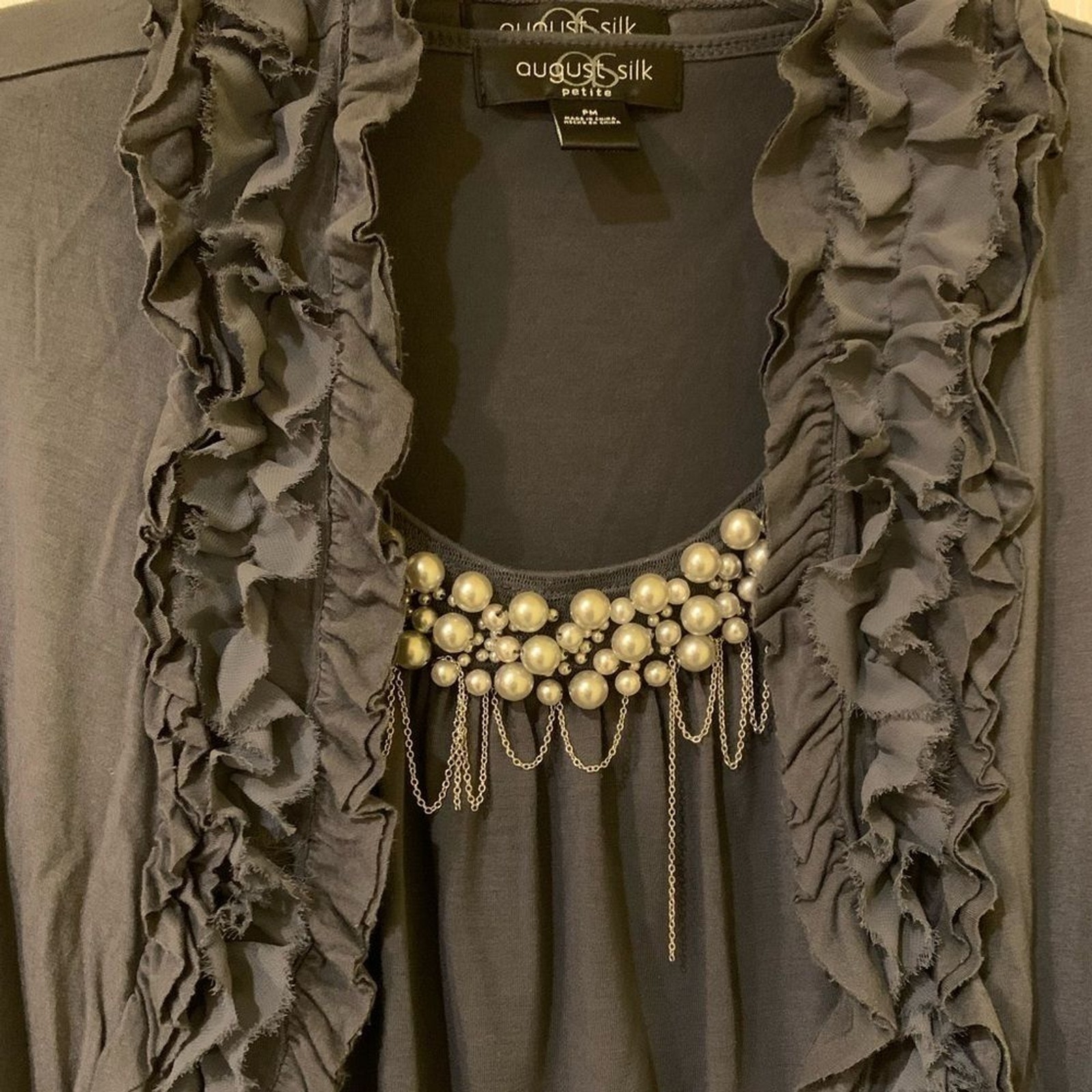 August Silk Grey Chic Set Tank and 3/4 Cardigan Petite Medium Pearl Neckline!