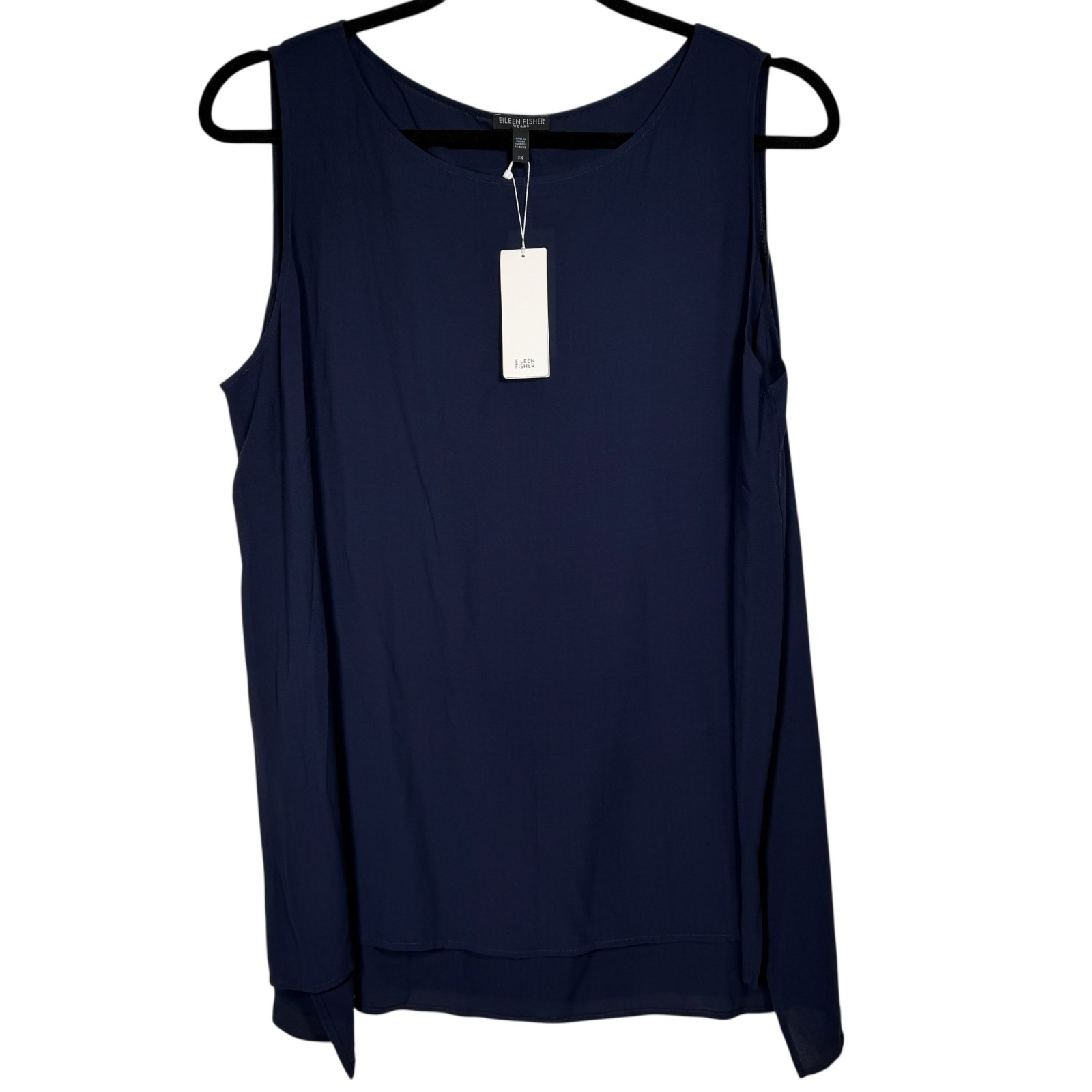 Eileen Fisher Womens Midnight Blue Bateau Neck Long Shell Top 100% Silk Size 3X