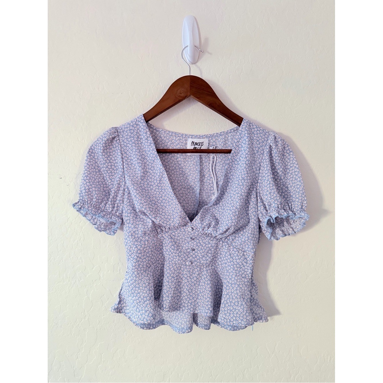 Princess Polly Blue Floral Puff Sleeve Peplum Blouse Top US 4
