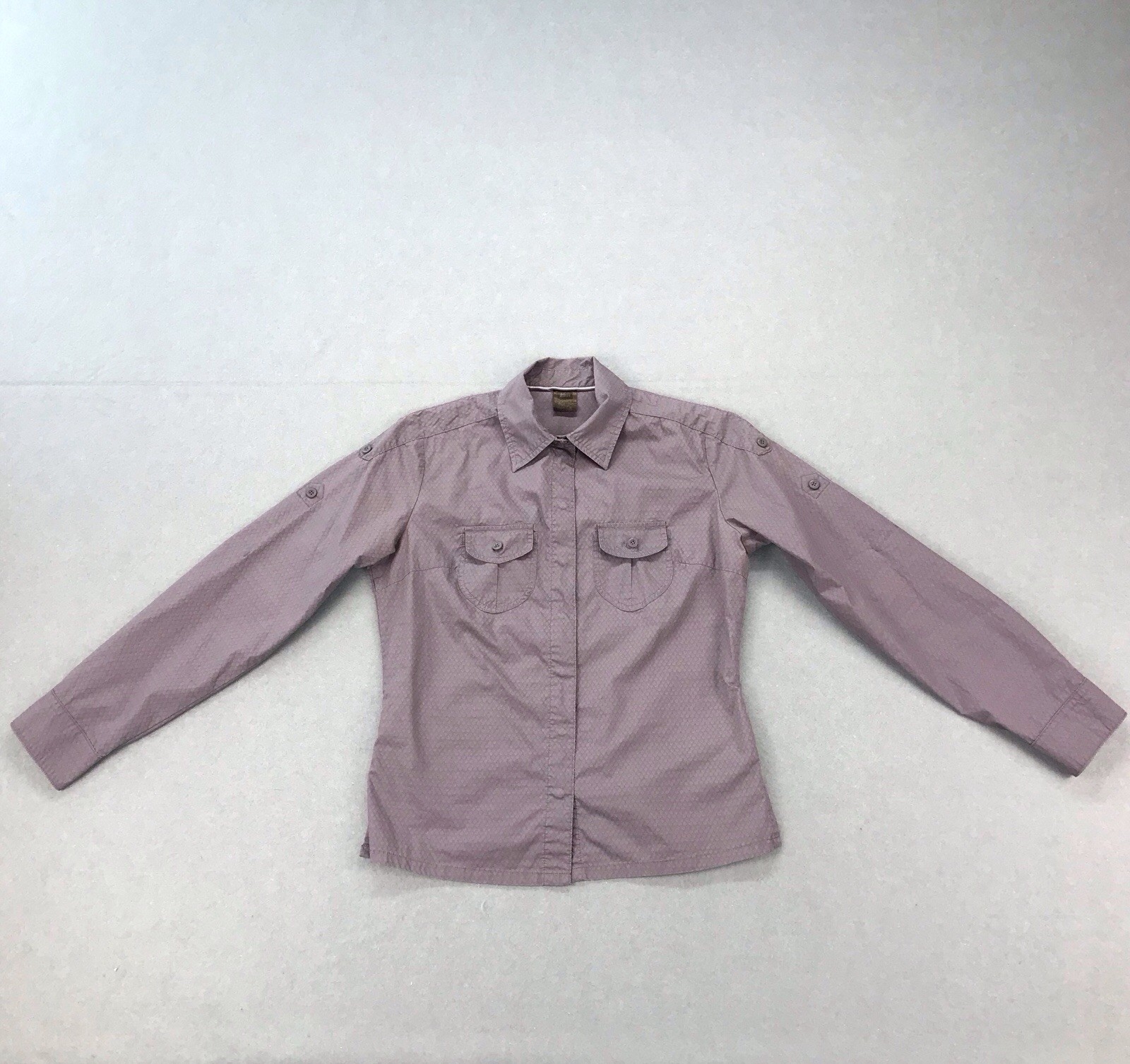 REI Top Womens M Purple Gorpcore Hiking Shirt Roll Tabs Zip Pocket Outdoor