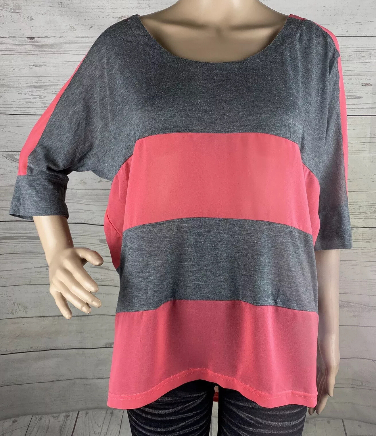 Lucca Couture T-Shirt Large Gray Pink Semi-Sheer Striped Oversized Casual Tee