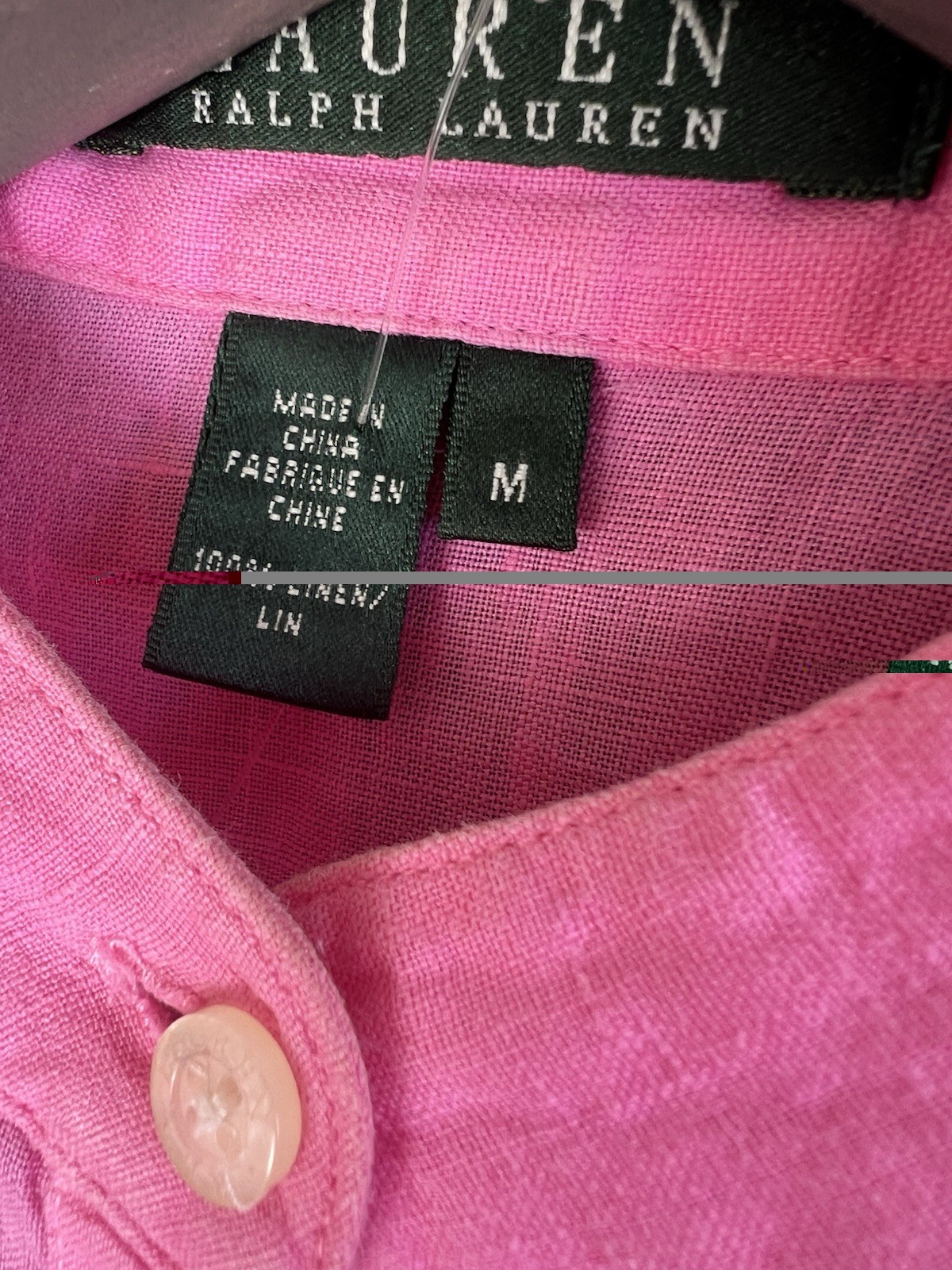 Lauren Ralph Lauren Pink Women’s M 100% linen 3/4 Sleeve Blouse Mandarin Collar.