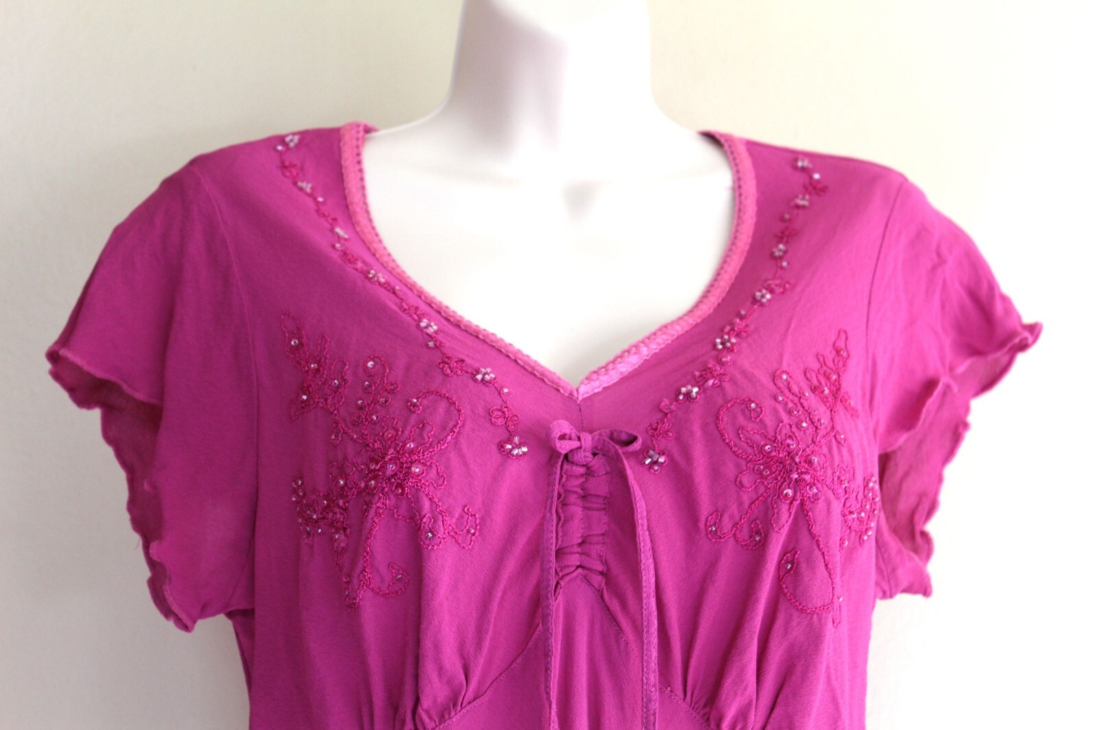 Retro 30s Lingerie Cut Shirt L Pink Rayon Crepe Embroidered Bias Cut 90s