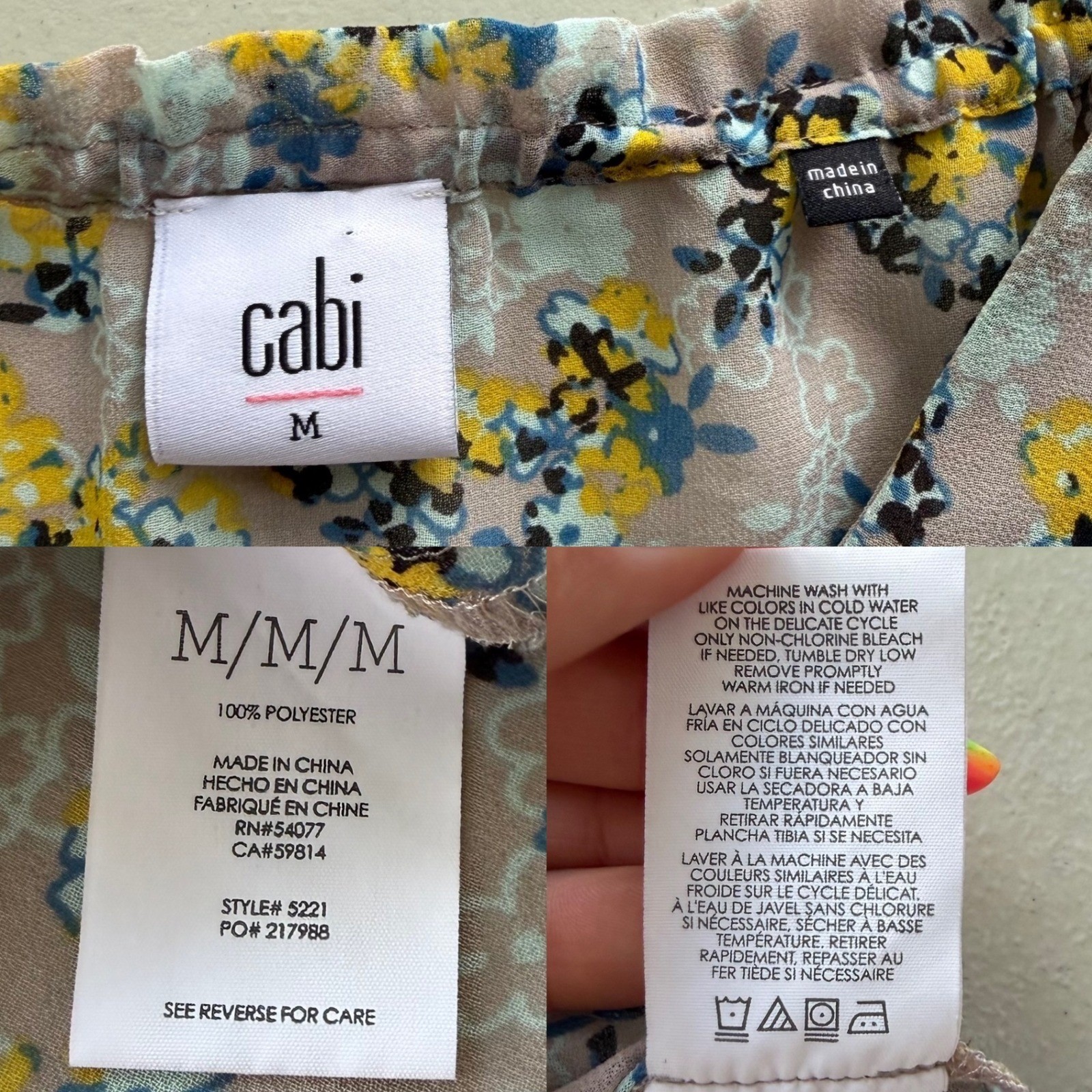 Cabi Womens M Yellow Blue Gray Mix Floral Button Sleeveless Offsides Blouse 5221