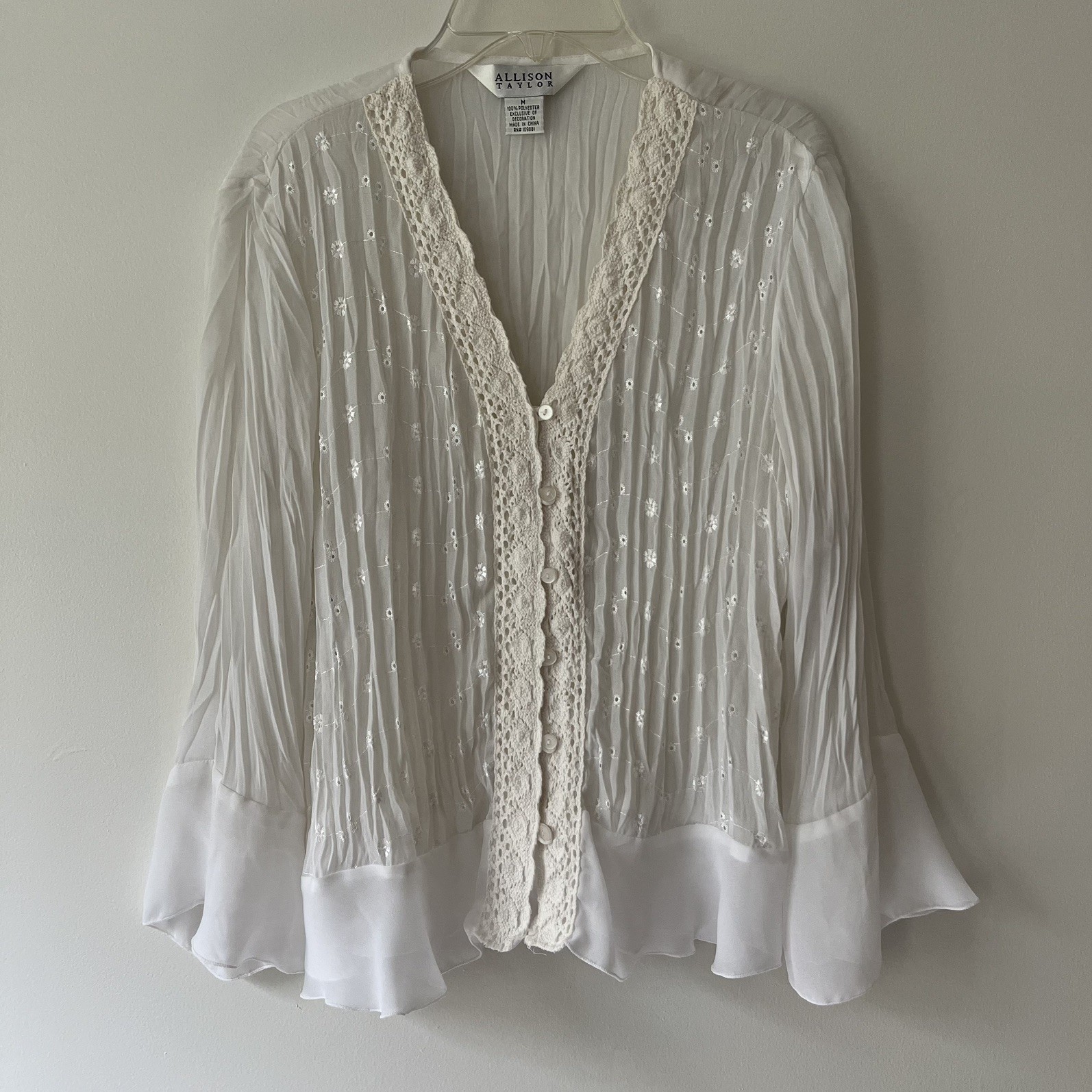 Vintage Y2K Allison Taylor Sheer Button Front Blouse Med White Crochet Cottage
