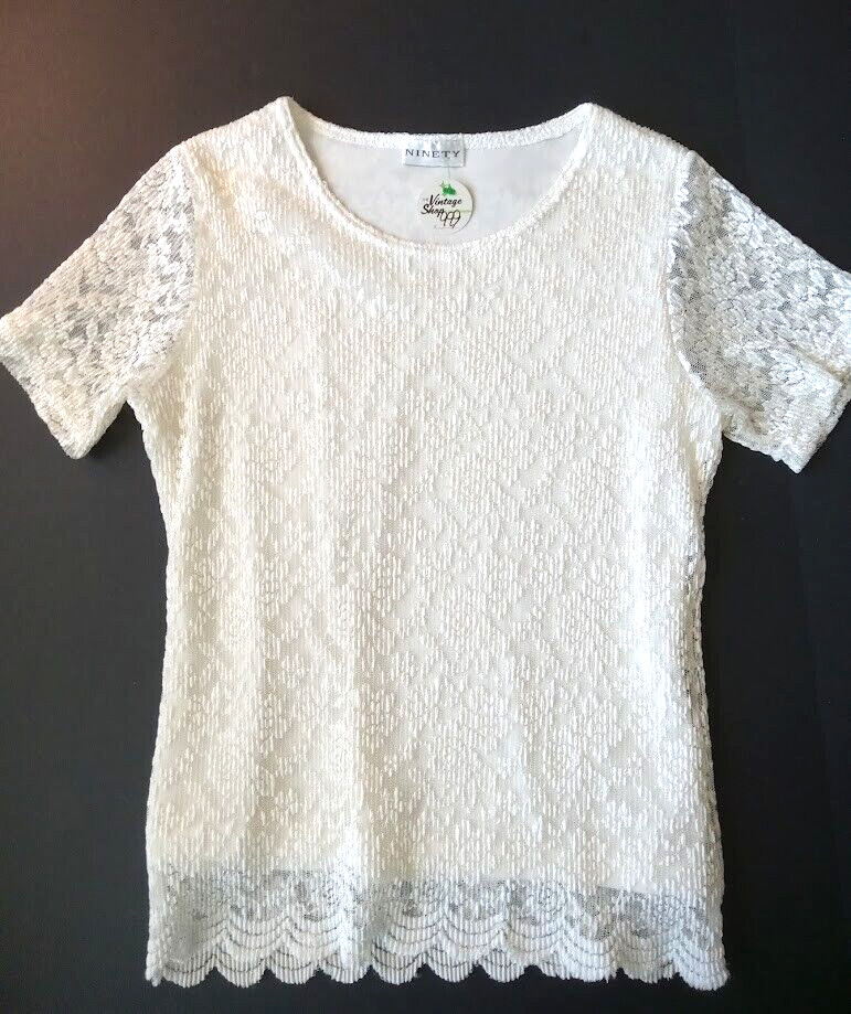 Ninety White Lace Vintage Top Blouse Size Petite S – Lined Silky
