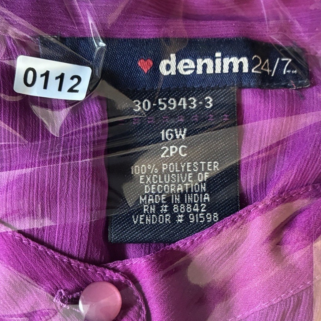 Denim 24/7 Purple Sheer Embroidered Sequin Asymmetric Tunic Blouse Top 16W 2PC