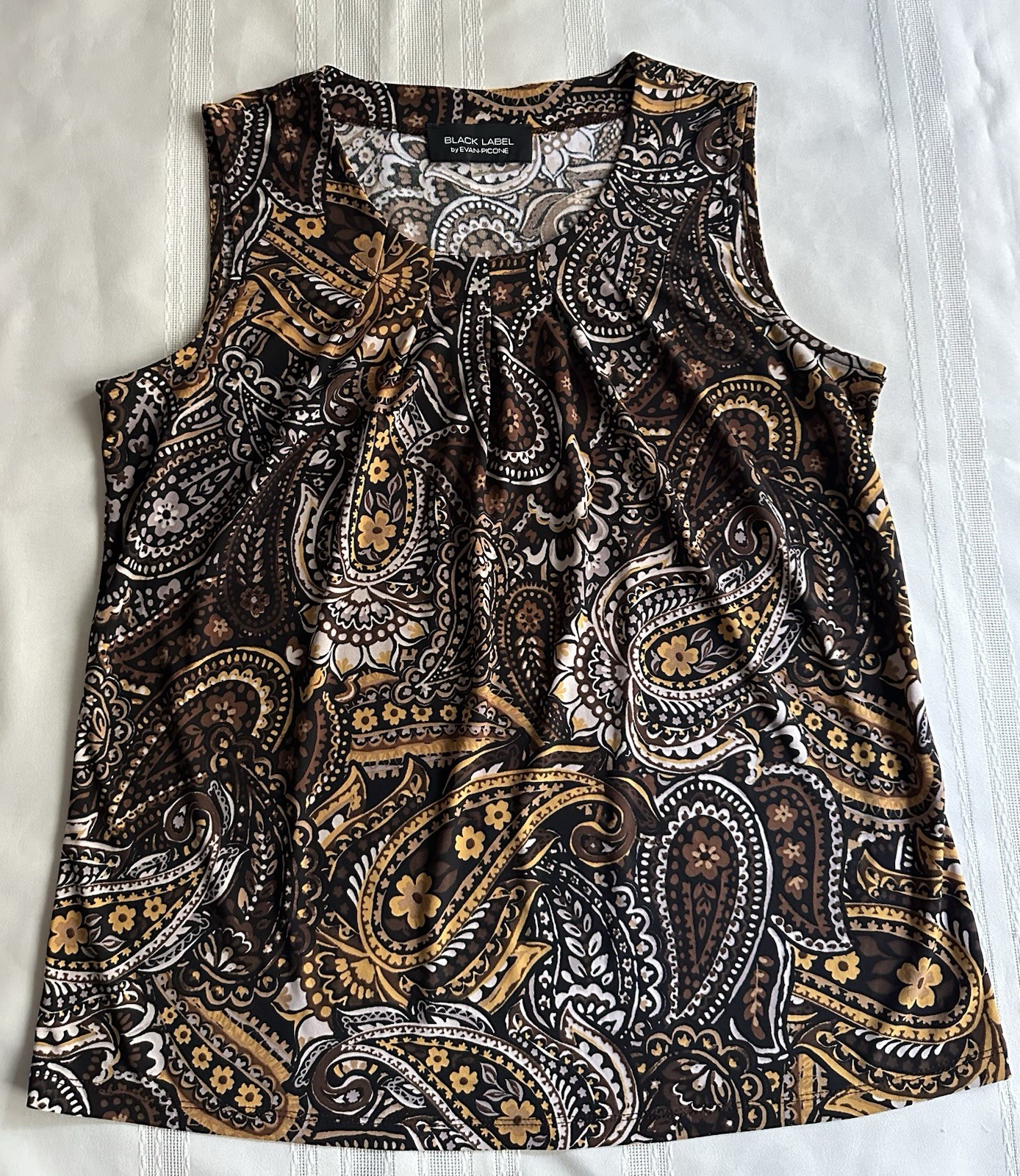Black Label by Evan-Picone Paisley Print Sleeveless Blouse Size M Brown Gold