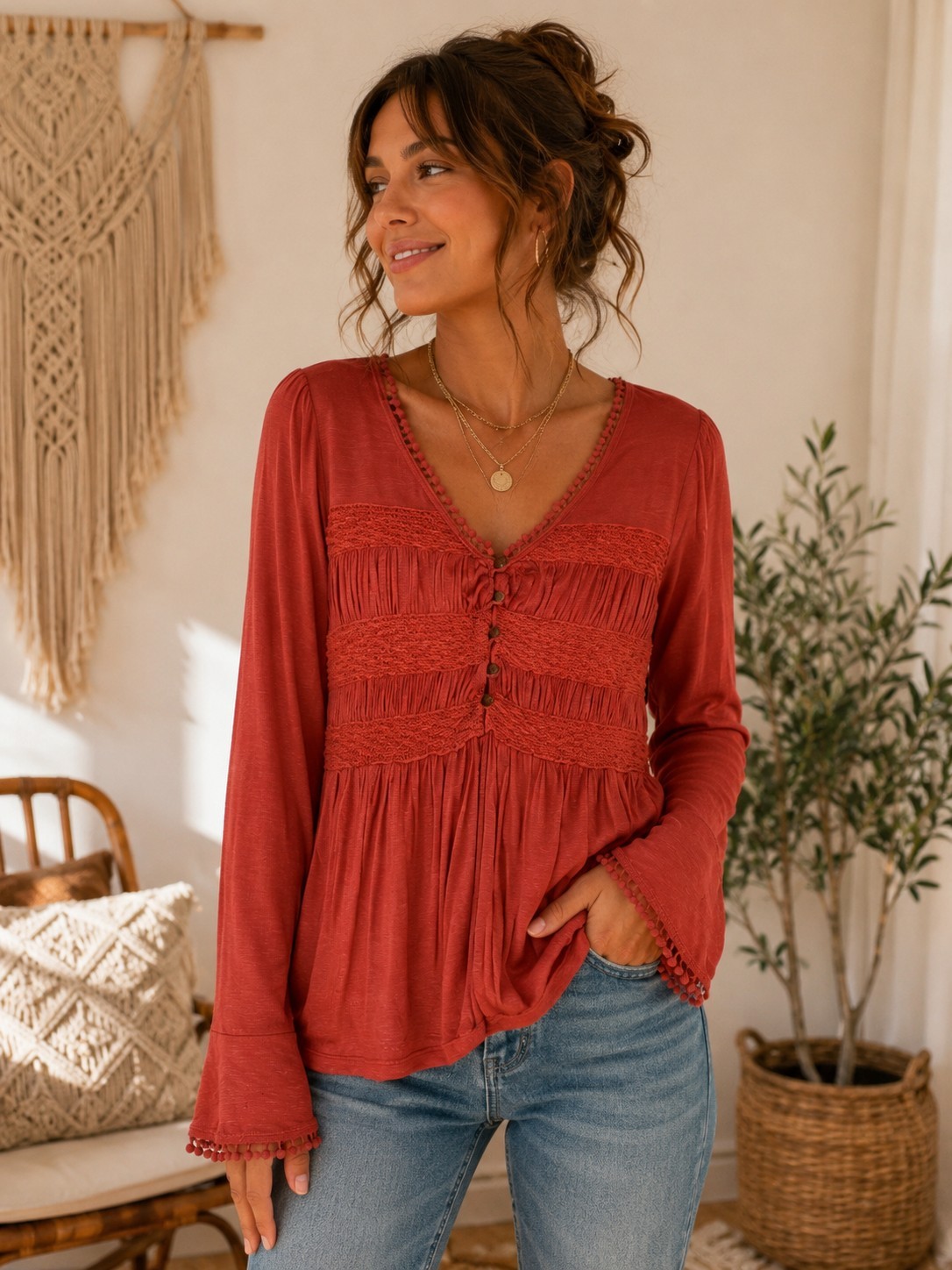 15/Fifteen Womens Red Empire Babydoll Button Front Top Size Medium Bohemian NWT