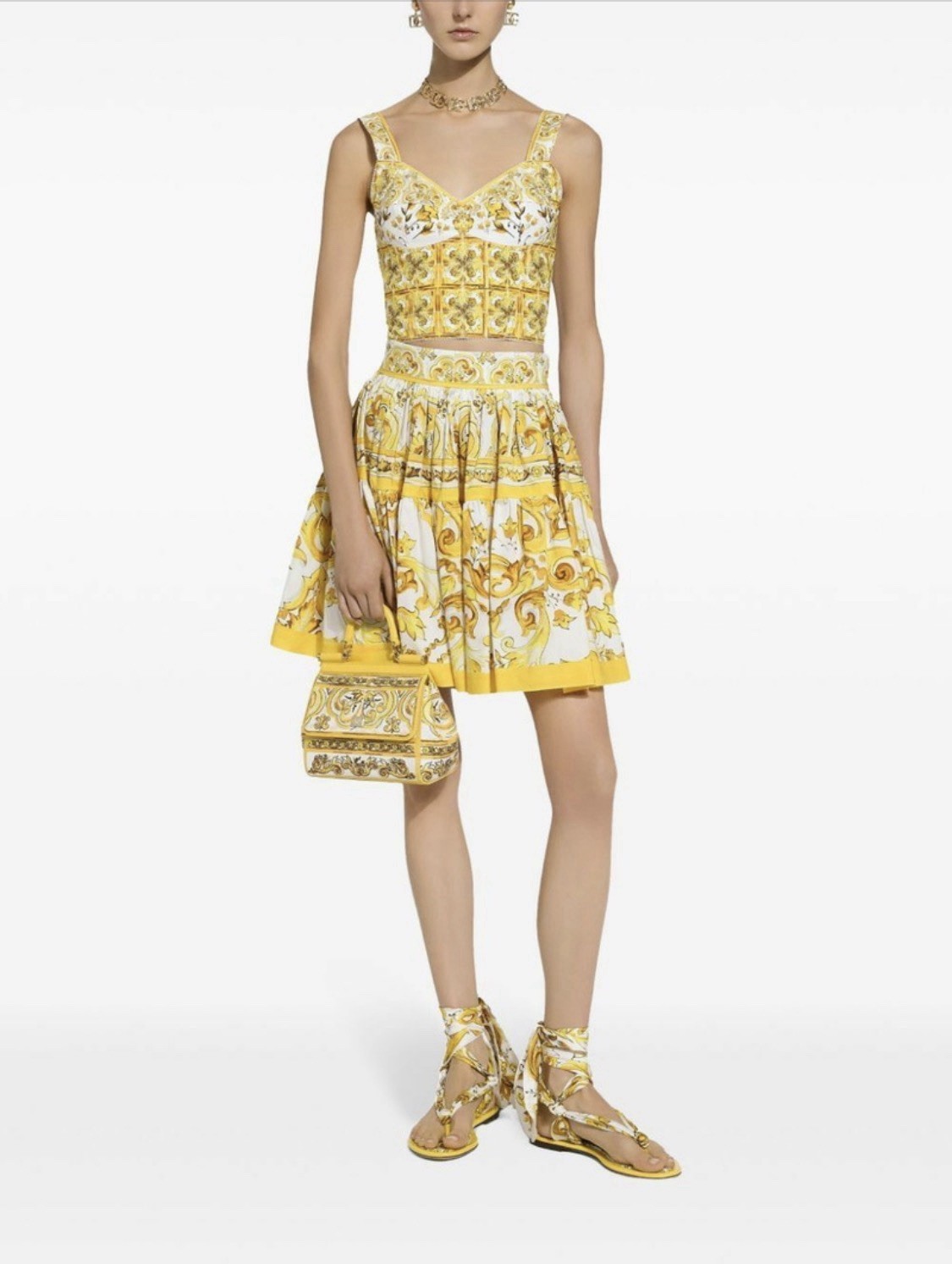 Dolce & Gabbana Yellow & White Majolica Print Cotton Corset Top IT40 US4 S