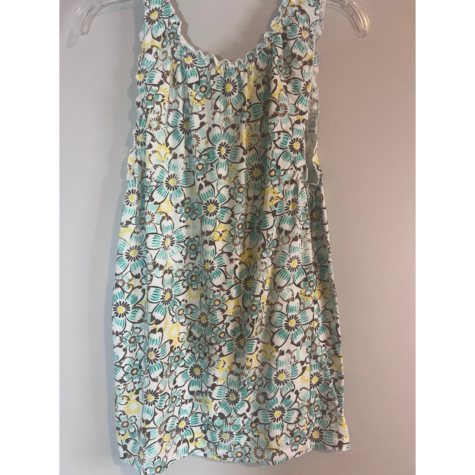 Jones New York Sport Womens Floral Ruffle Scoop Neck Tank Top Teal Yellow L