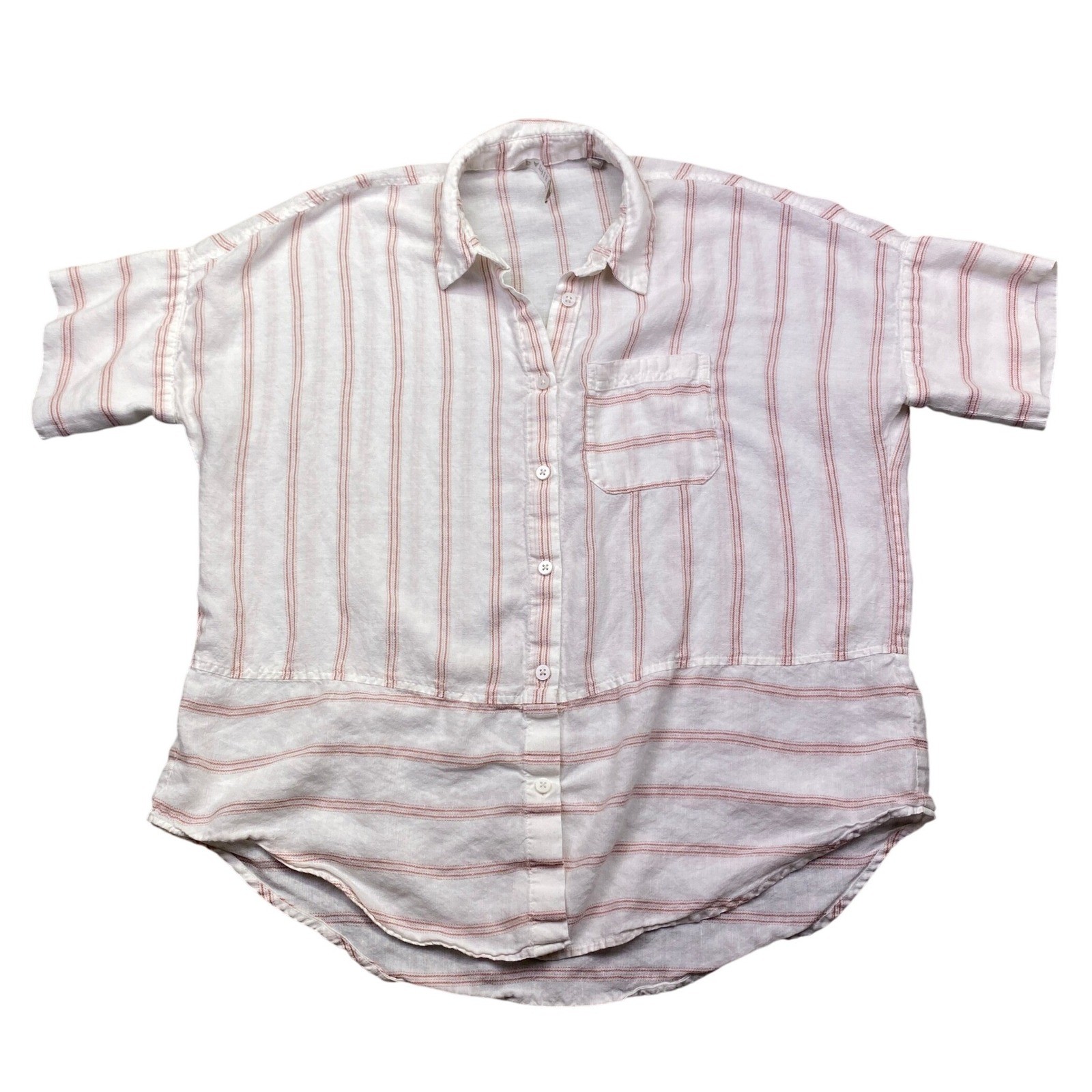 Athleta Anguilla Striped Linen Button Down Shirt Womens XS S/S White Pink