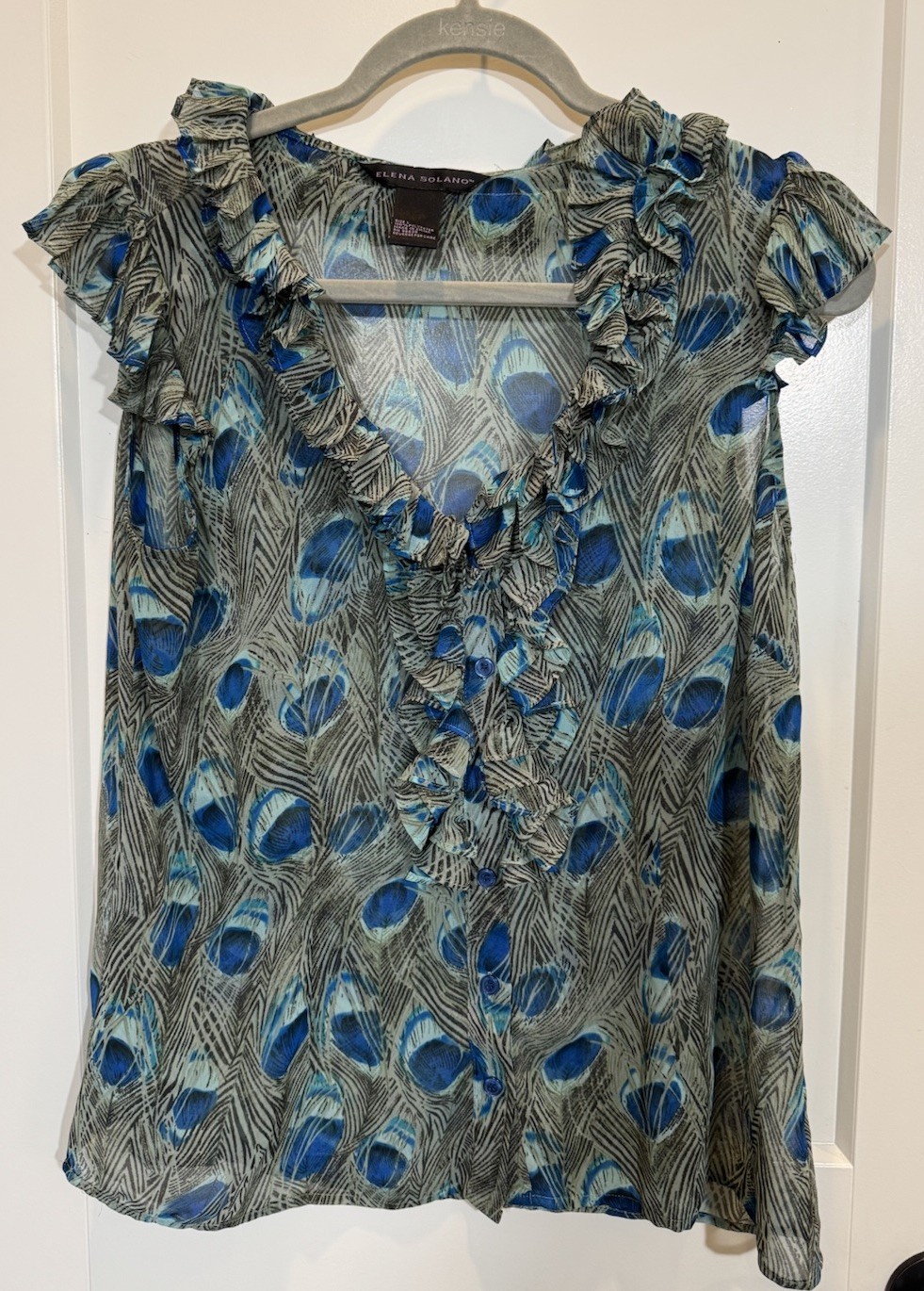 Elena Solano Women’s Sleeveless Peacock Print Blouse Size Large