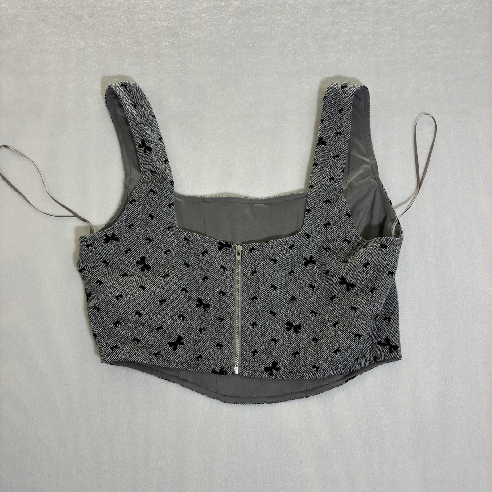 Altar’d State Women’s Medium Gray Tweed Corset Crop Top Bow Detail Sleeveless