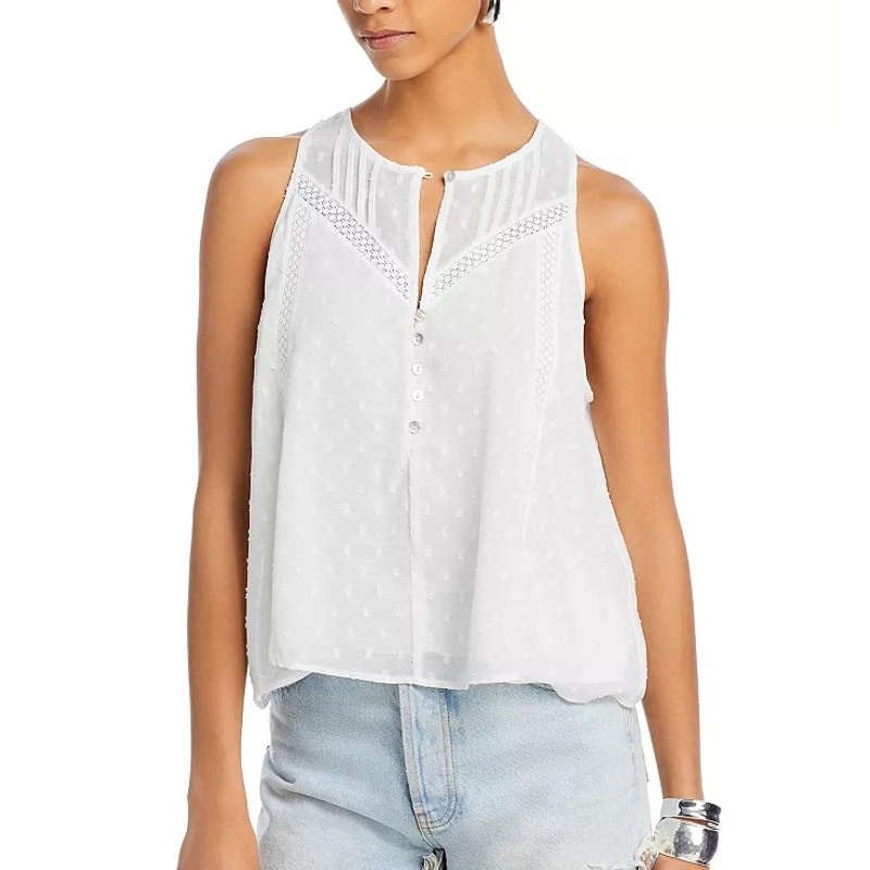AQUA Semi Sheer Clip Dot Sleeveless Top XS White Split Neck Pintuck Button Front