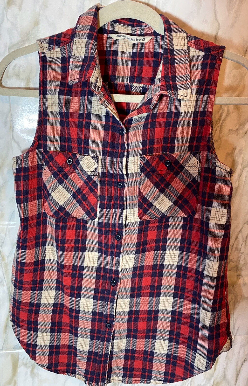 Hippie Laundry sleeveless button down shirt- Red, cream & blue plaid flannel SM