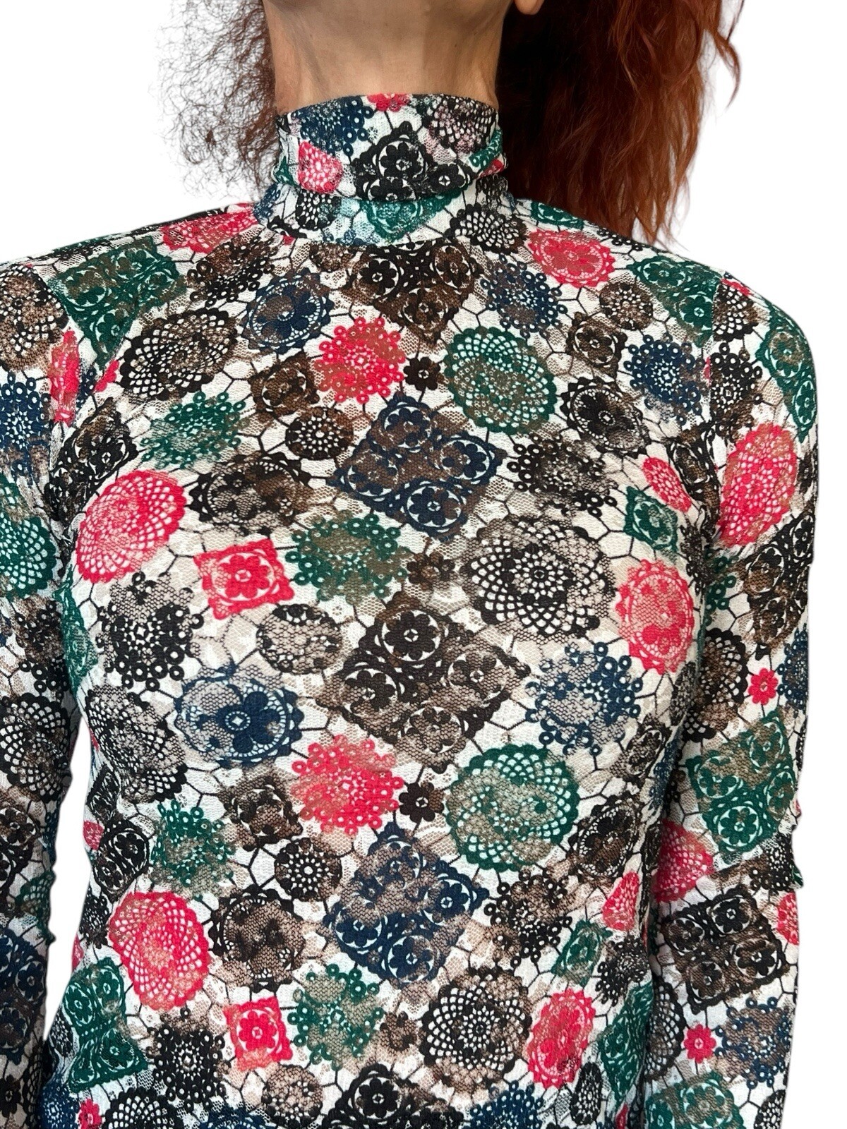 WOMEN’S MSGM MEDALLION GEOMETRIC MESH HIGH NECK LONG SLEEVE BLOUSE TOP 40 4