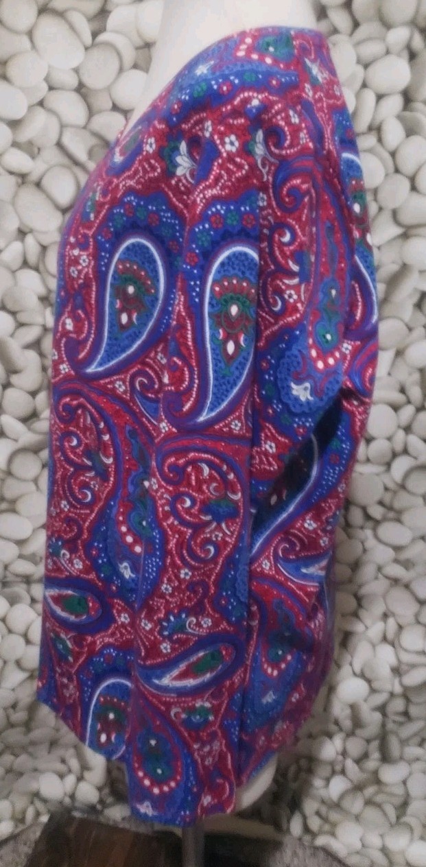 Talbots Tee Womens Size X Red Blue Green Paisley Long Sleeve V Neck Stretch