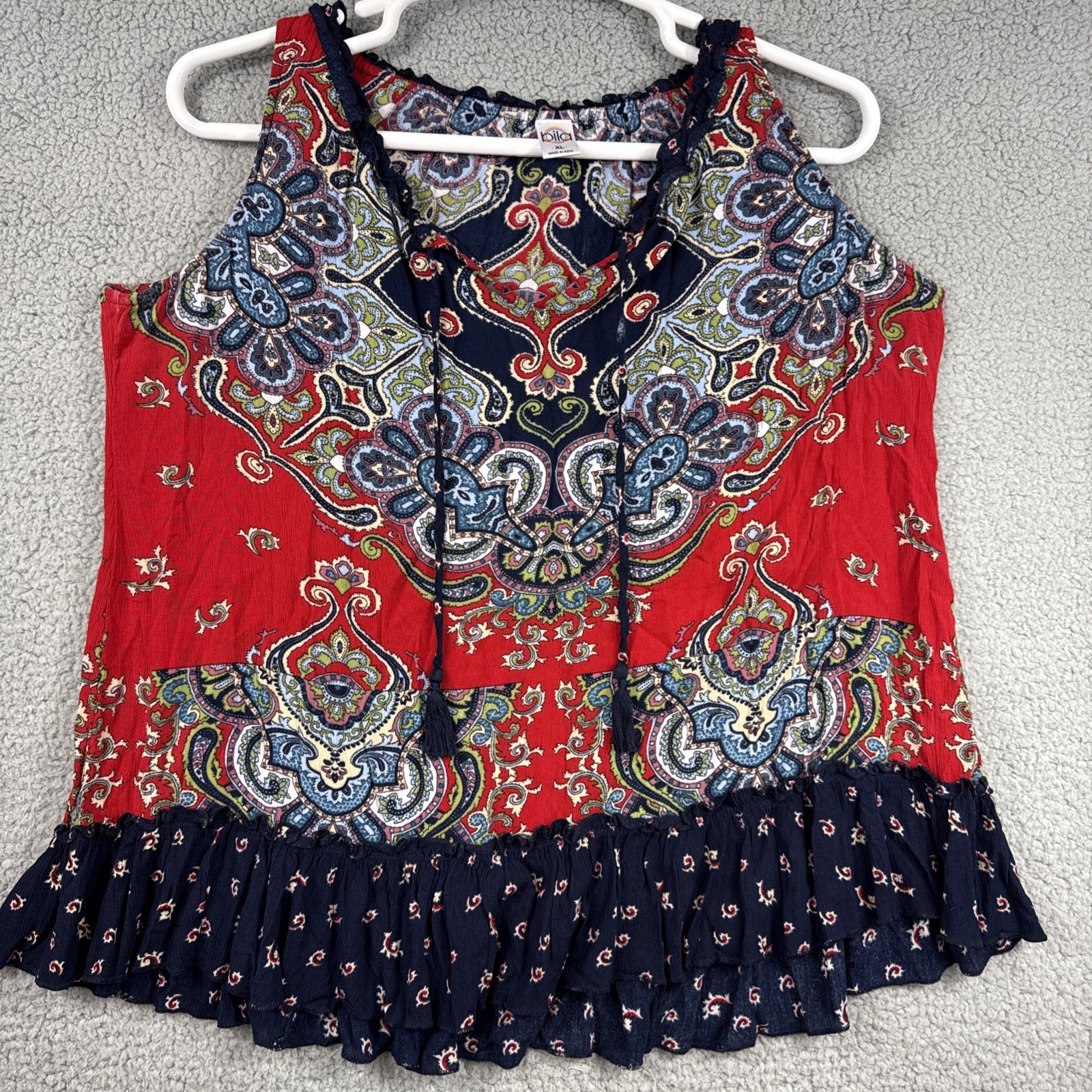 Bila Womens XL Sleeveless Blouse Multicolor Paisley Ruffle Hem Boho Tassel Tie