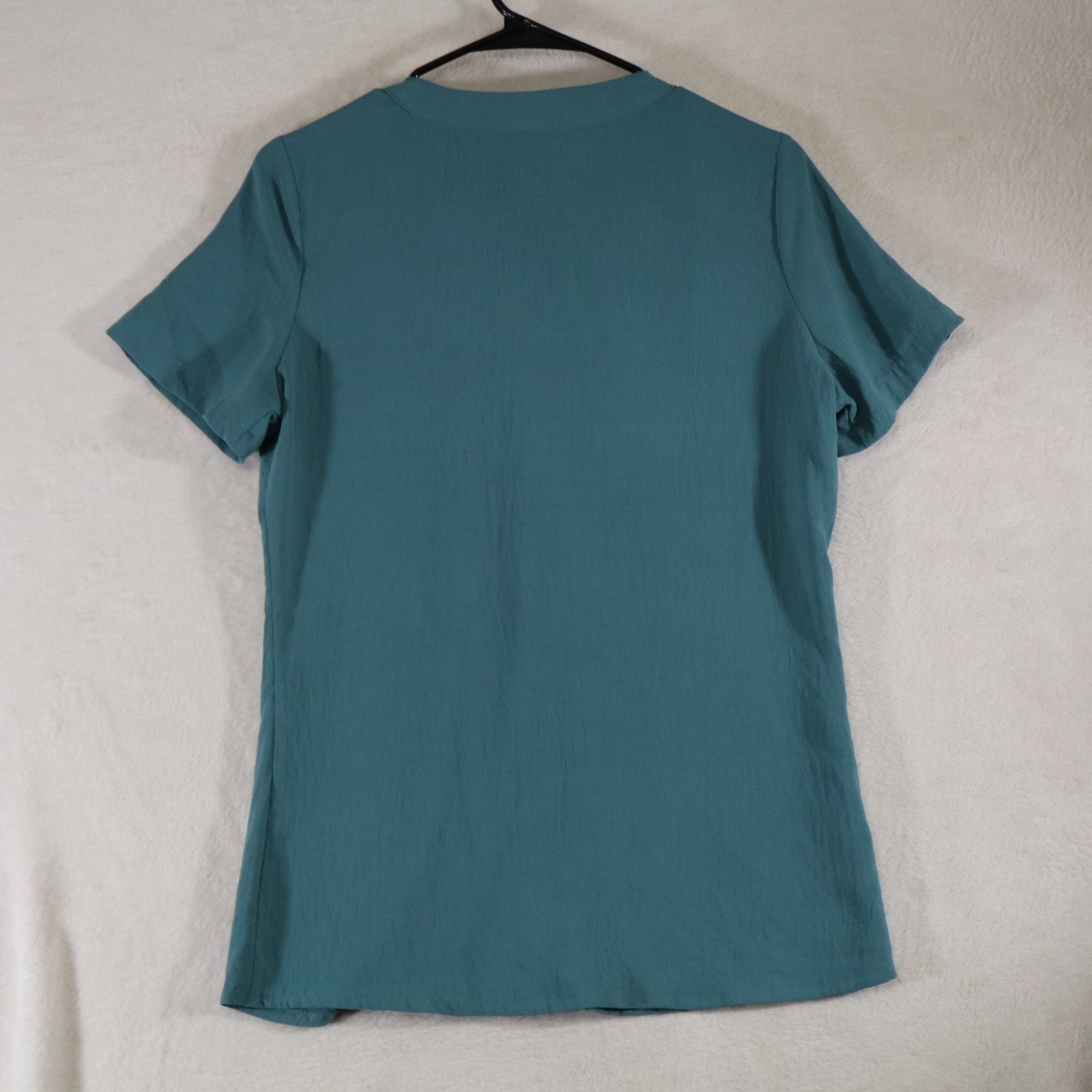 Women’s L Teal Pleated Blouse Short Sleeve V‑Notch Neck Lightweight Casual Top