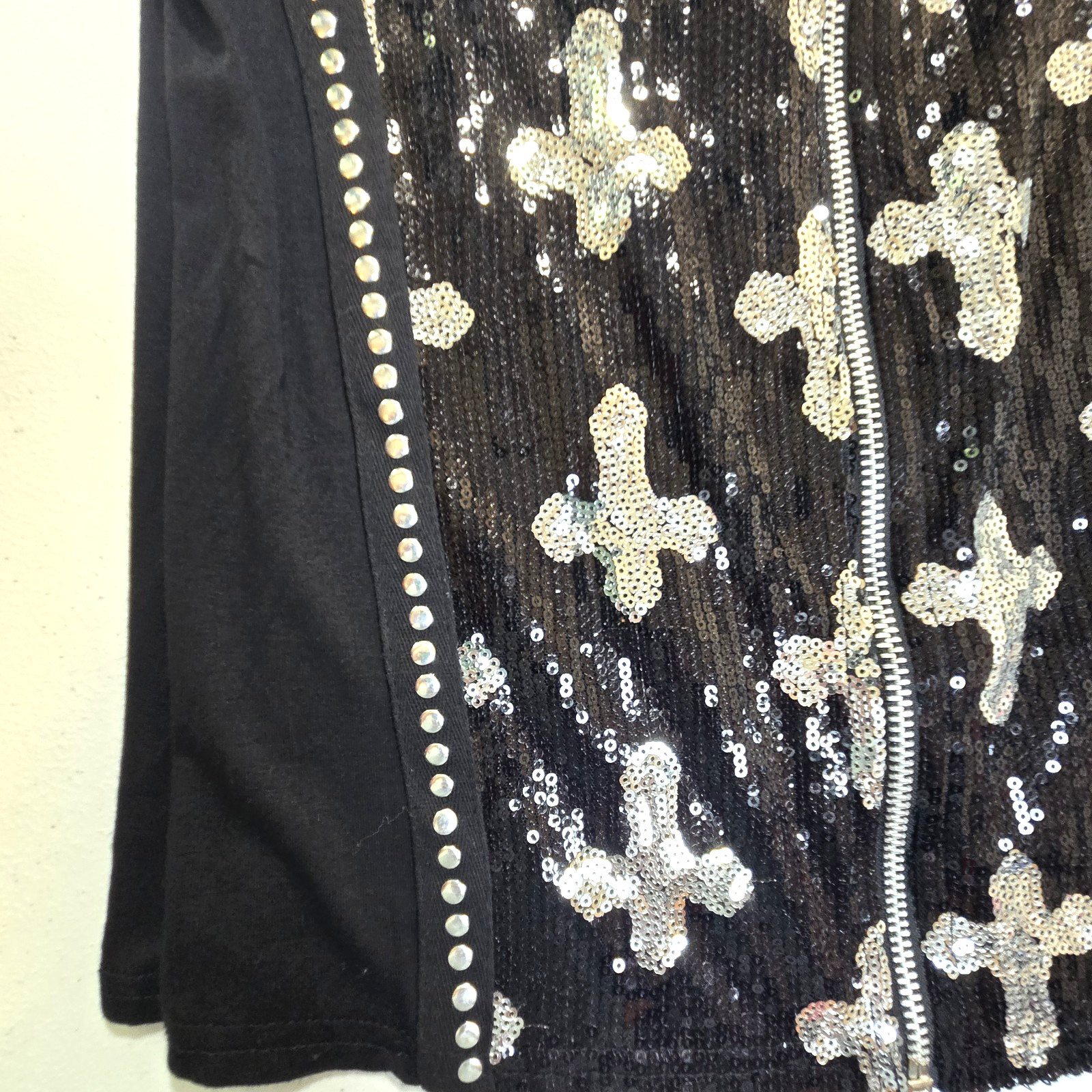 Bikers Pride Womens Black Sleeveless Zip Up Sequin Top w/ Crosses SIlver SZ L