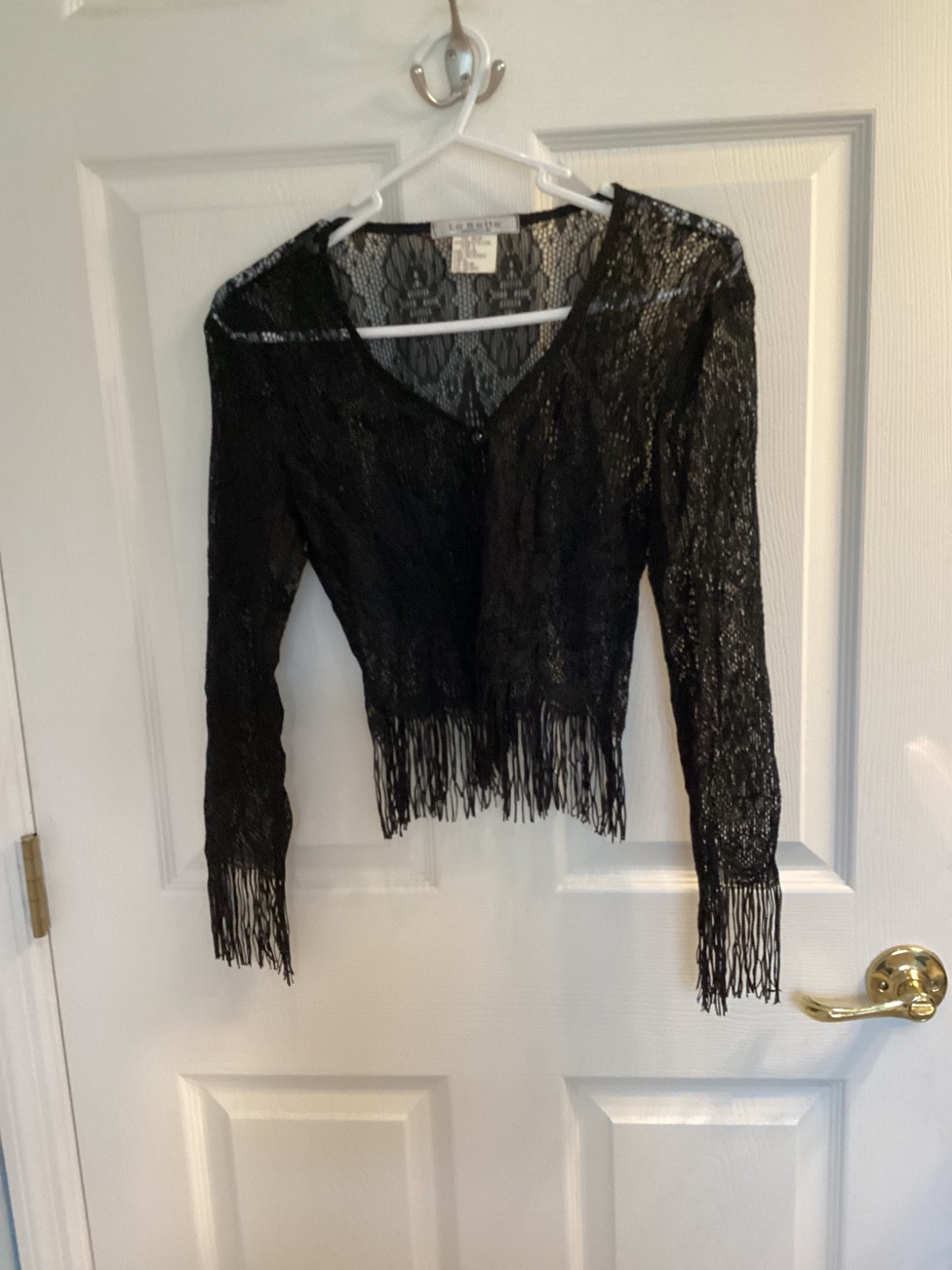 La Belle Black Sheer Long Sleeve Womens Top With Fringe Size Small