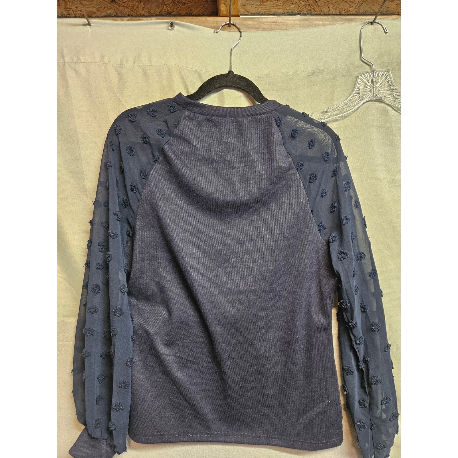 Blooming Jelly Navy Blue Swiss Dot Mesh Raglan Sleeve Ribbed Knit Top Medium