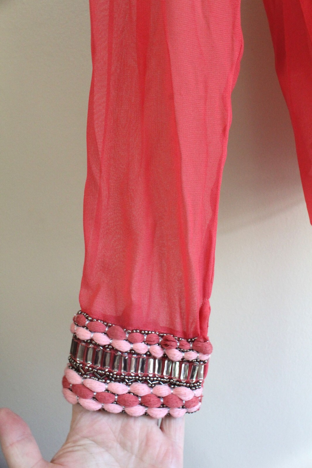 M Soft Surroundings Coral Semi Sheer Shirt Under Cami Embellished Beaded Cuff