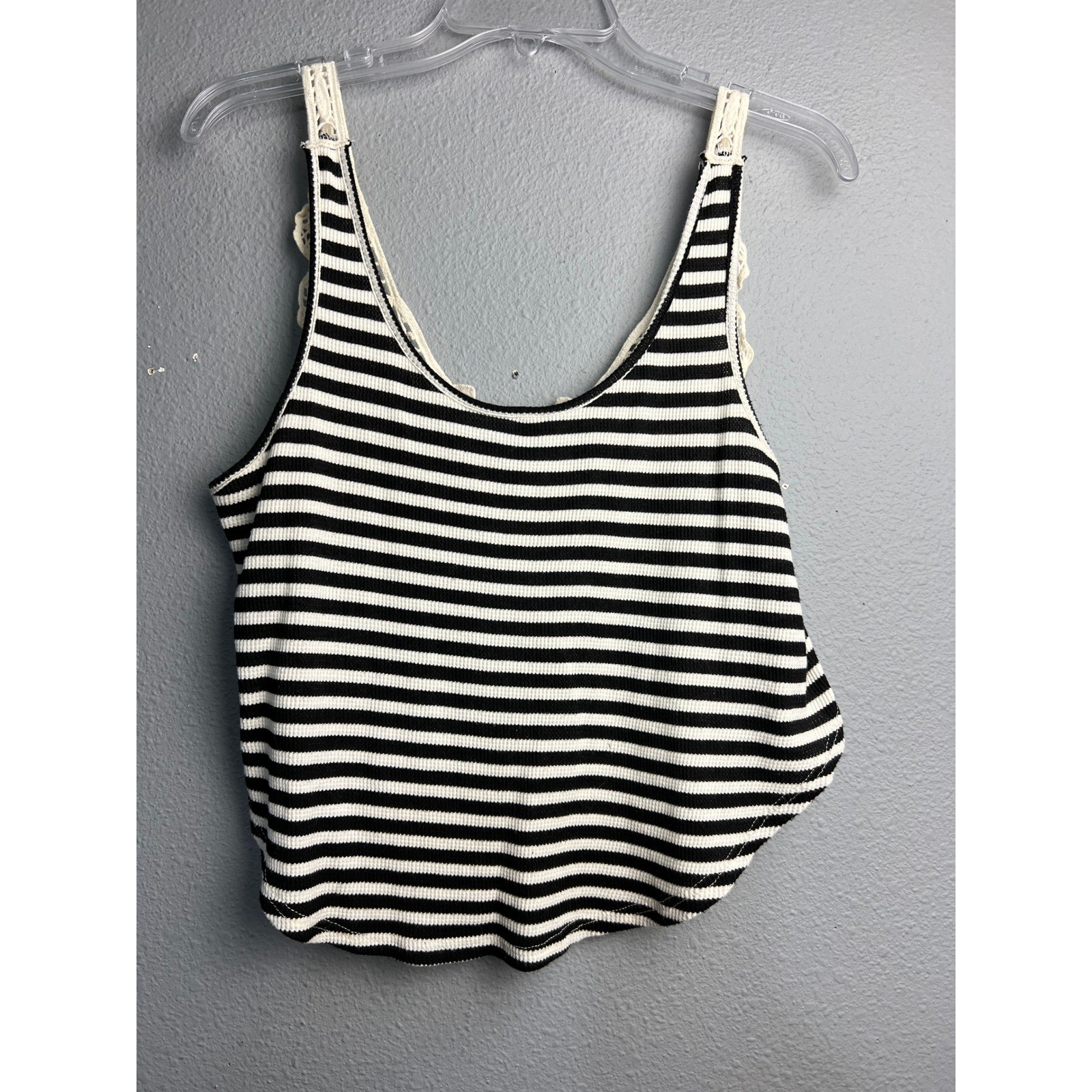 Sweet Claire Womens Black White Striped Crochet Back Ribbed Tank Top Coastal SM