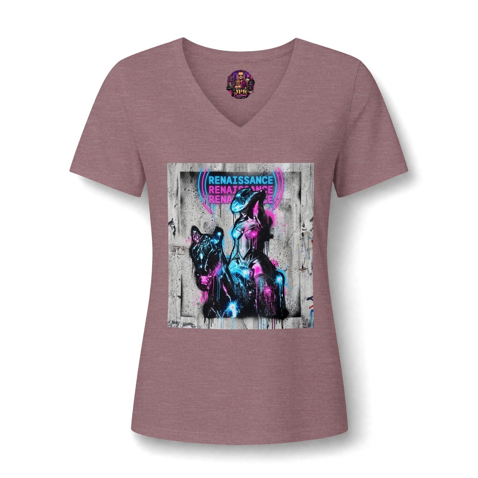 Urban Neon Graffiti Cowgirl Mural Pop Art Women’s Relaxed Fit V-Neck Tee