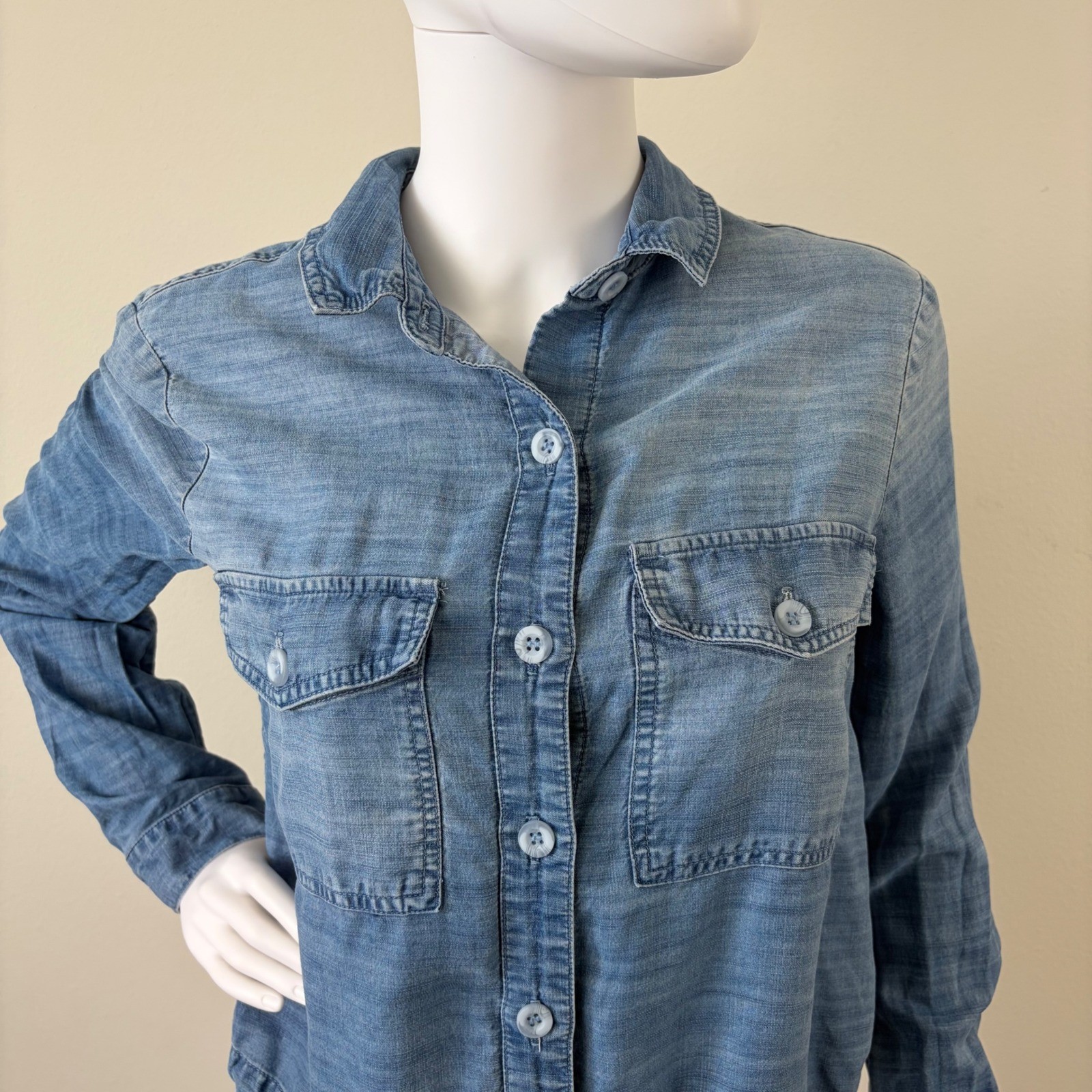 Bella Dahl Womens Blue Tencel Lyocell Cropped Chambray Denim Shirt Small