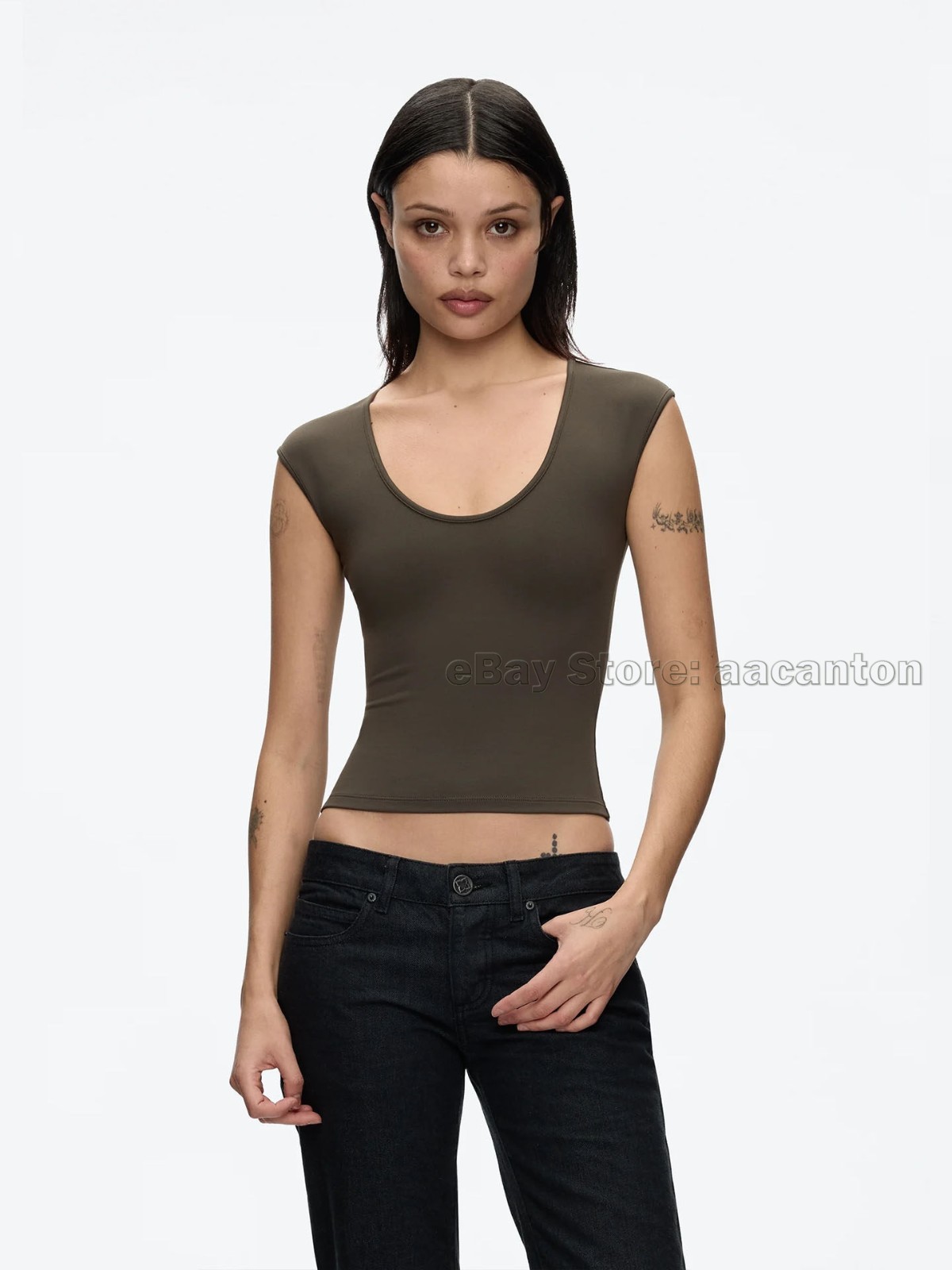 Tank Air Women Large U-neck T-shirts Tight Fit Fixed Dye High Stretch Short Top