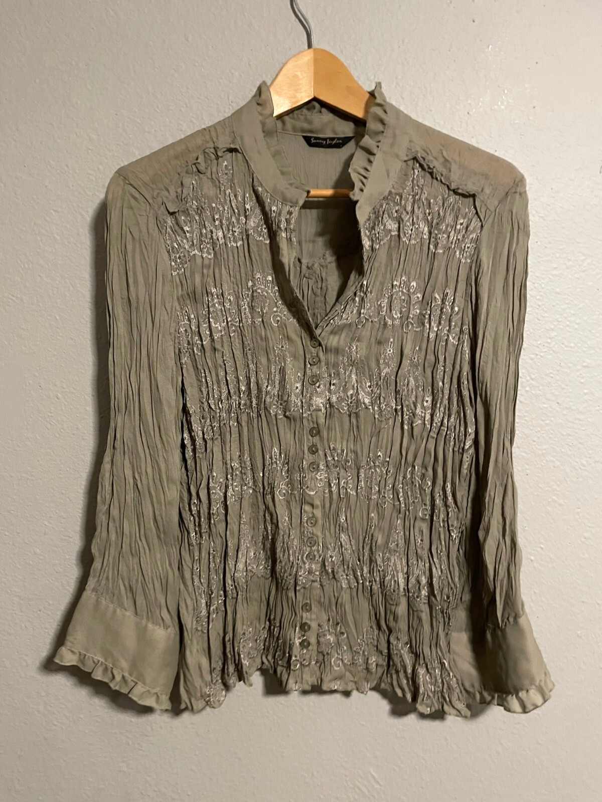 Sunny Taylor Womens Top Medium Green Rayon Floral Lace Trim Feminine Fairy Y2K