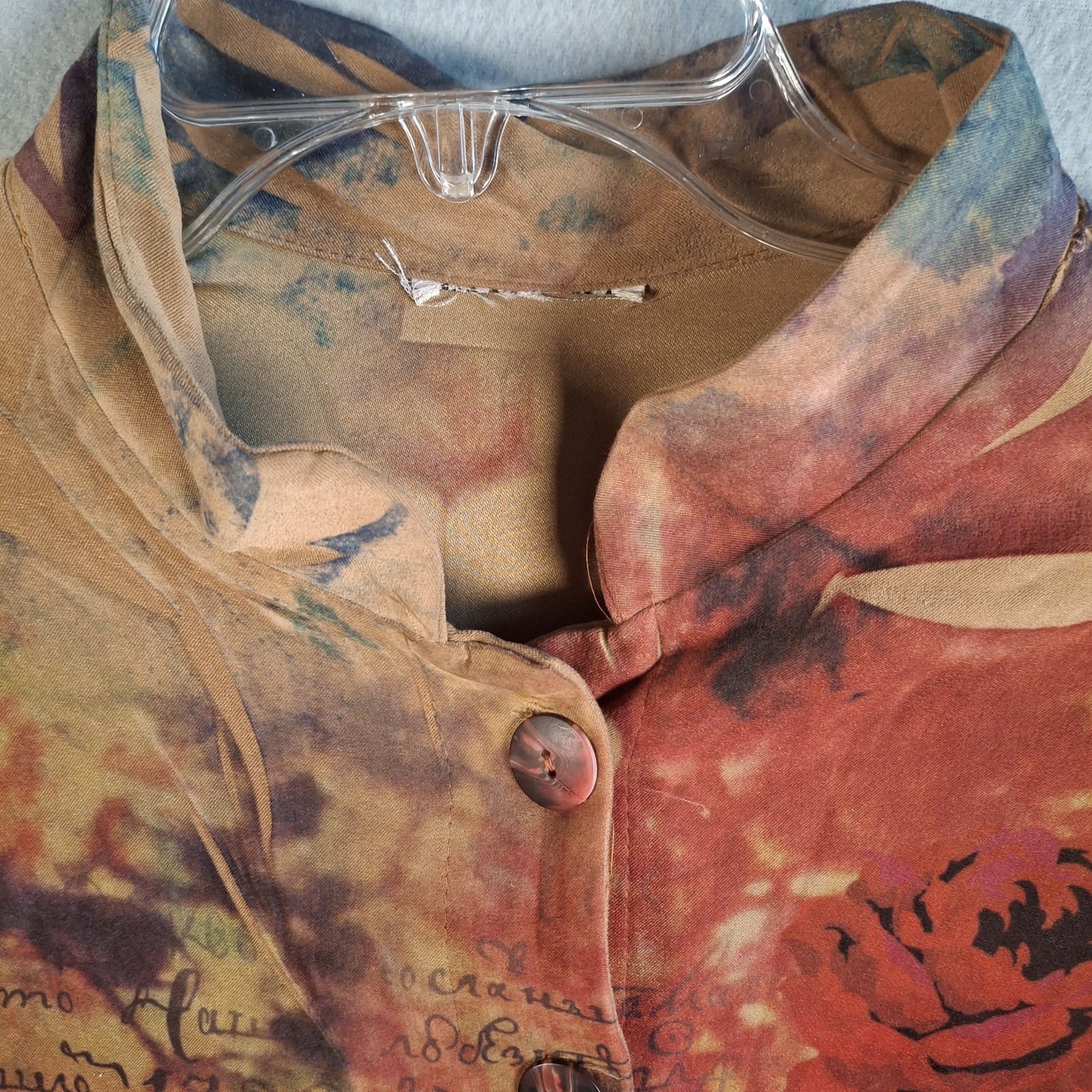 FANTAZIA Lagenlook Tunic Shirt 1X Art To Wear Rose Floral Script Made in USA ITY