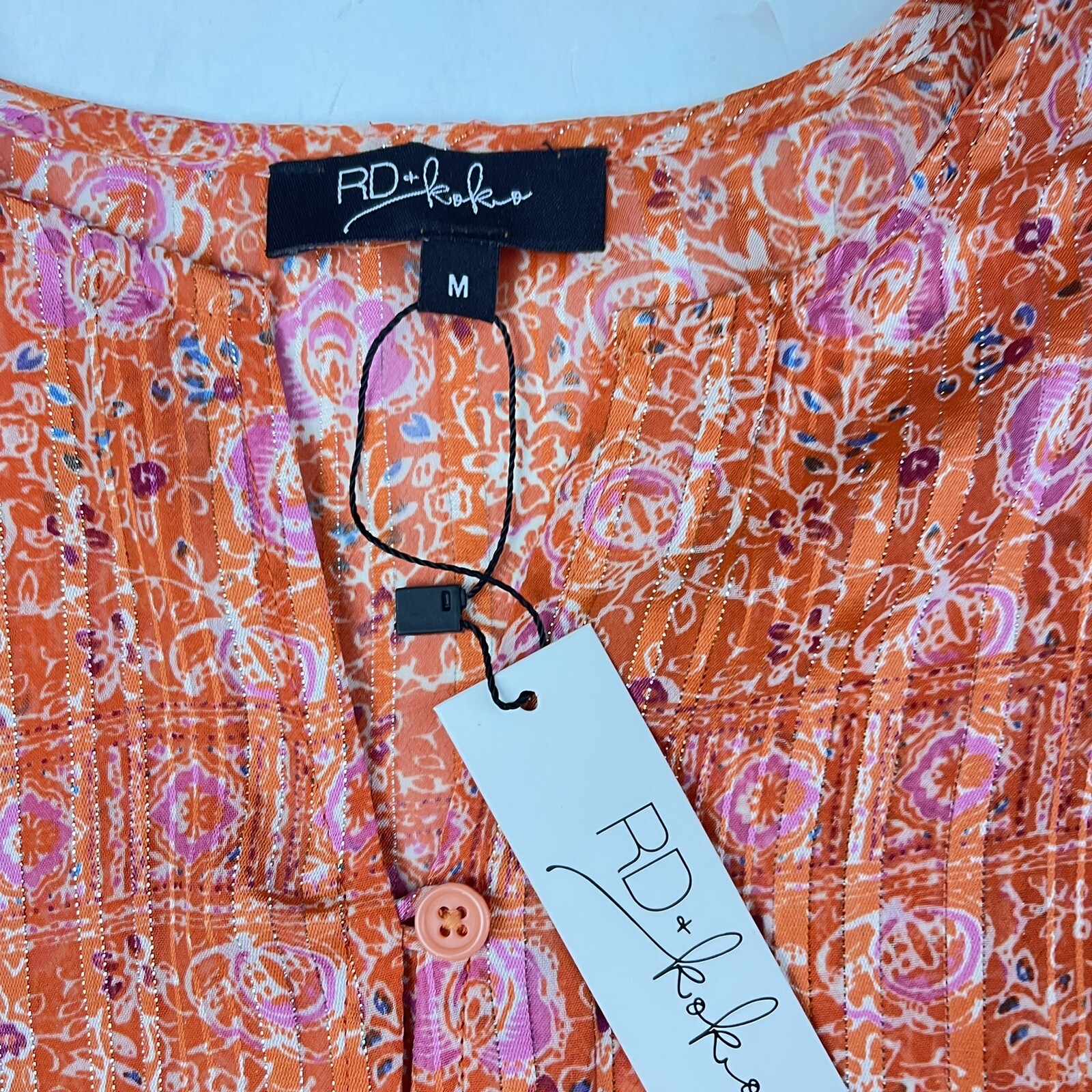RD+Koko Orange Floral Peasant Blouse Top Long Sleeve Ruffle Hem Boho Style M NWT