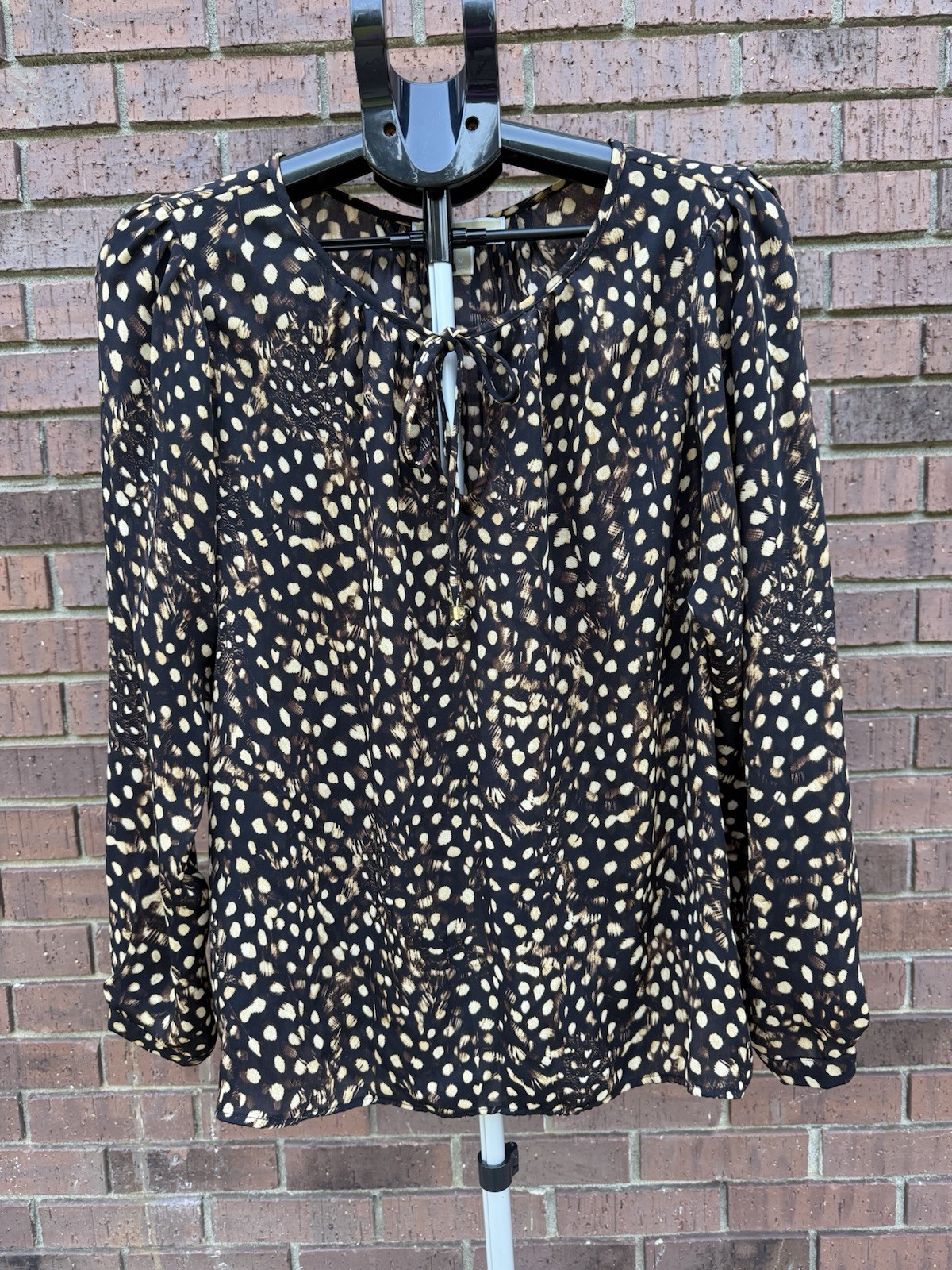 Michael Kors MK Tie Neck Blouse Medium Animal Print Spotted L/S Top Shirt Brown