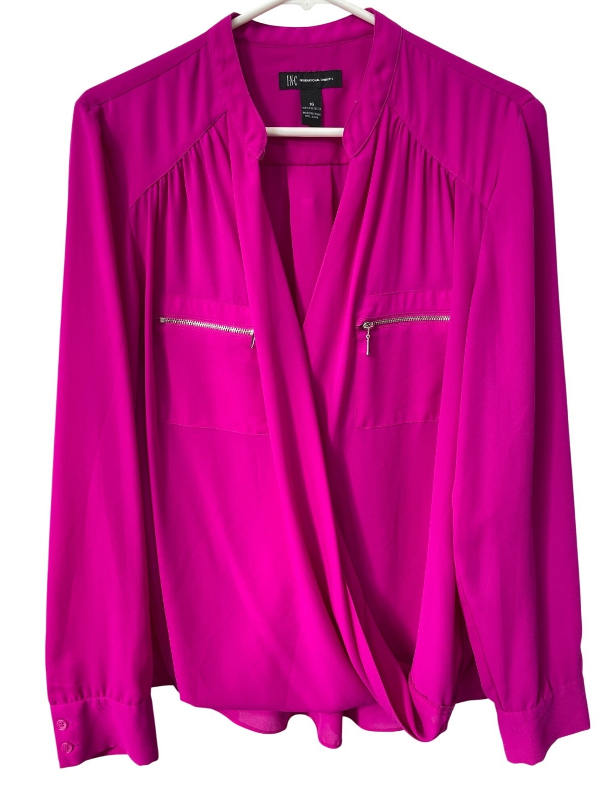 INC International Concepts Blouse Size 16 Zip Pockets Faux Wrap Fuchsia Office