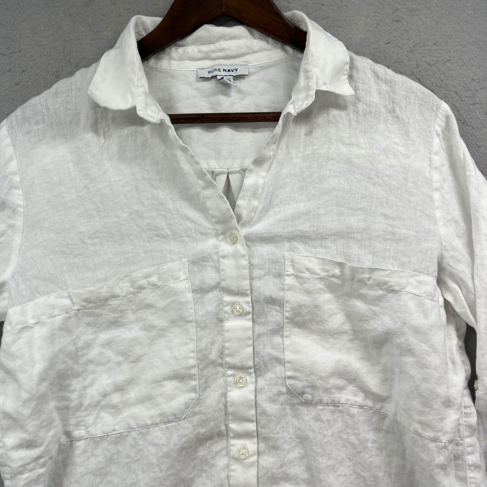 Pure Navy Linen Shirt Women L White Button Front Pockets Coastal Relaxed Blouse