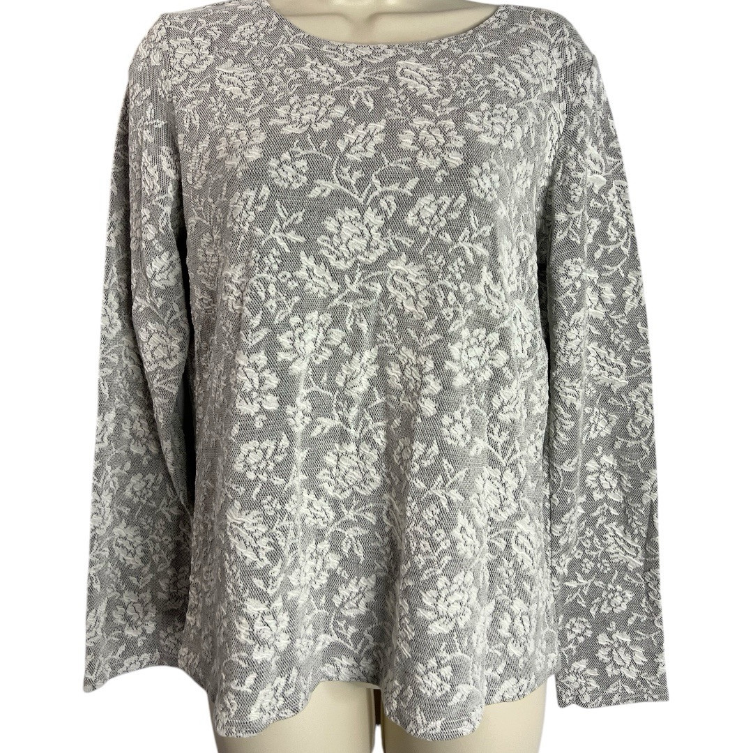 Orvis Gray White Floral Lace Top S Tencel Blend Long Sleeve USA Made Cottagecore