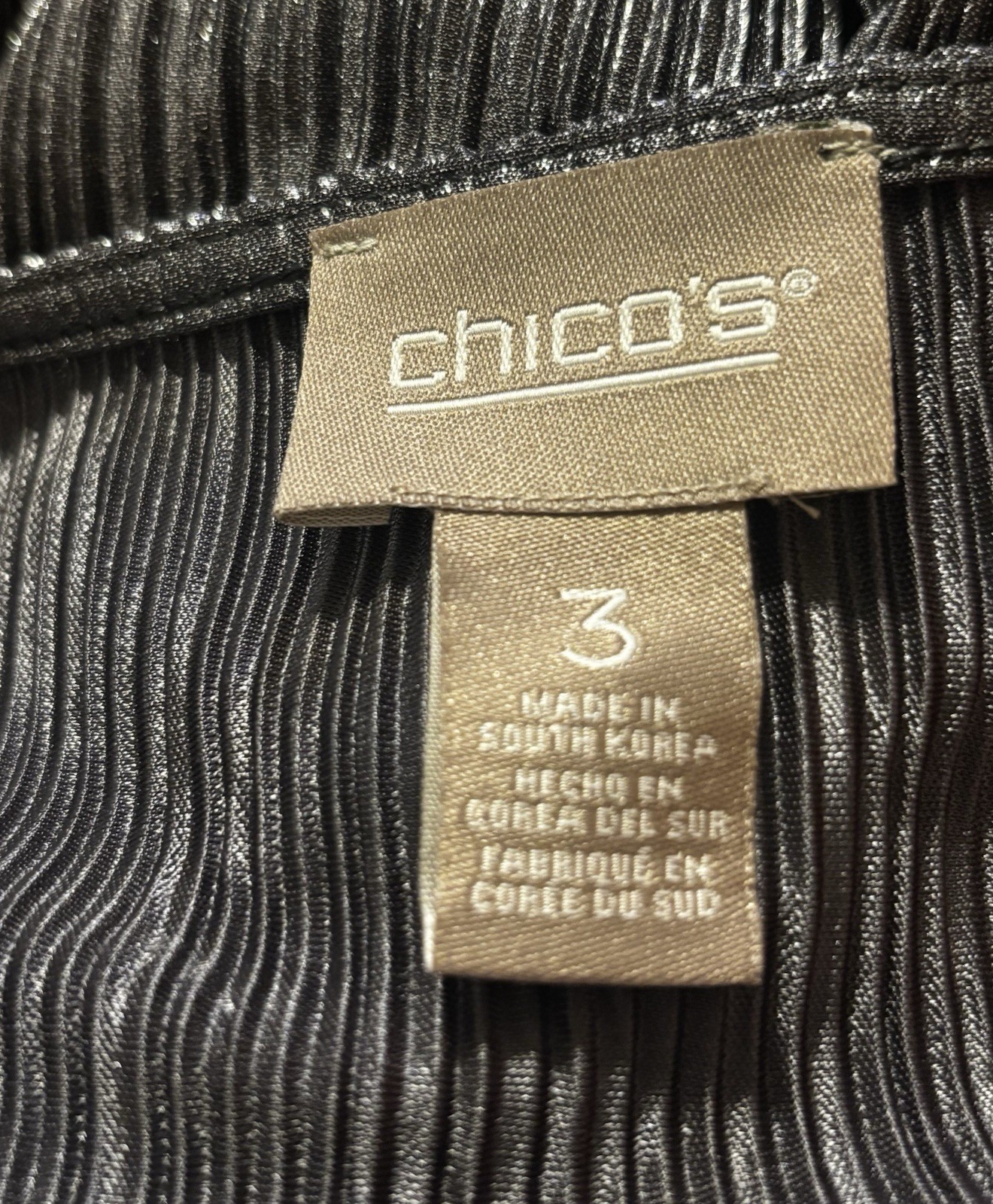 Chico’s Metallic Plisse Pleat Old Money Mob Wife Glam Luxury Size 3 U.S. XL/16