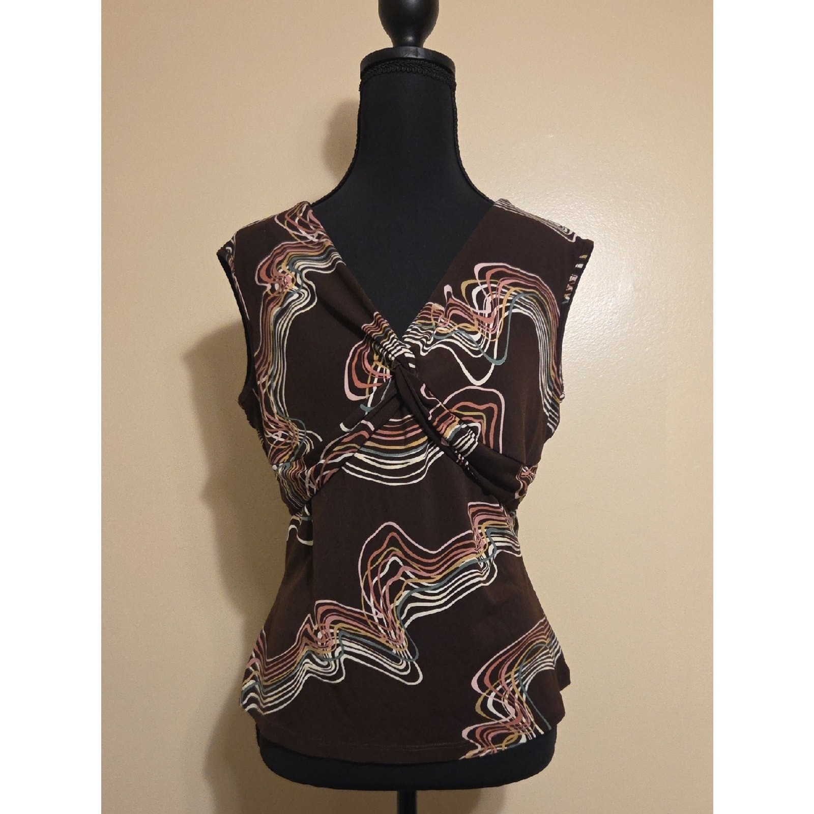 Women’s Y2K Brown Twist-Front Sleeveless Stretchy Top Artsy Abstract Funky Large
