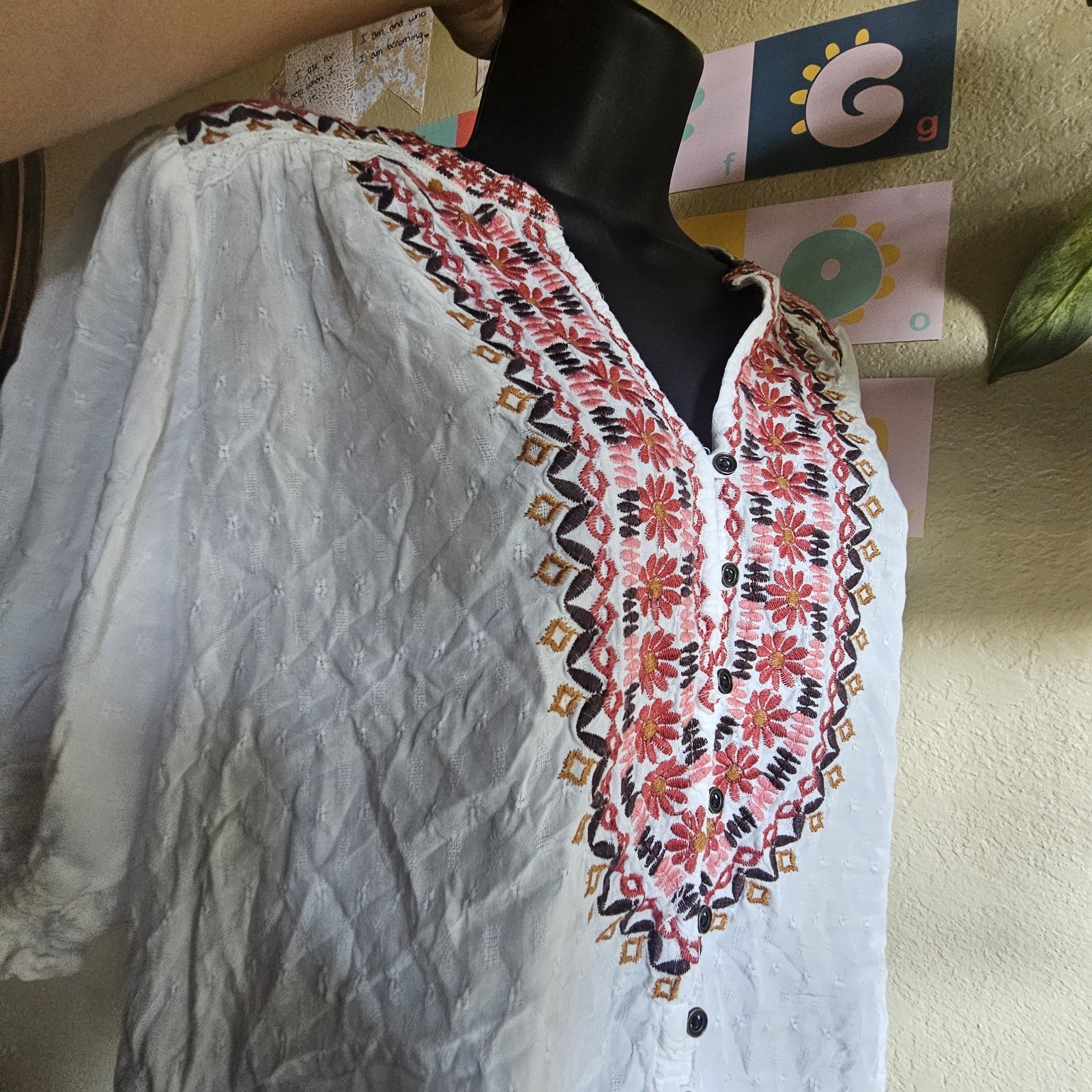 KNOX ROSE Women Button Crop Top S White Pink Embroidery Boho