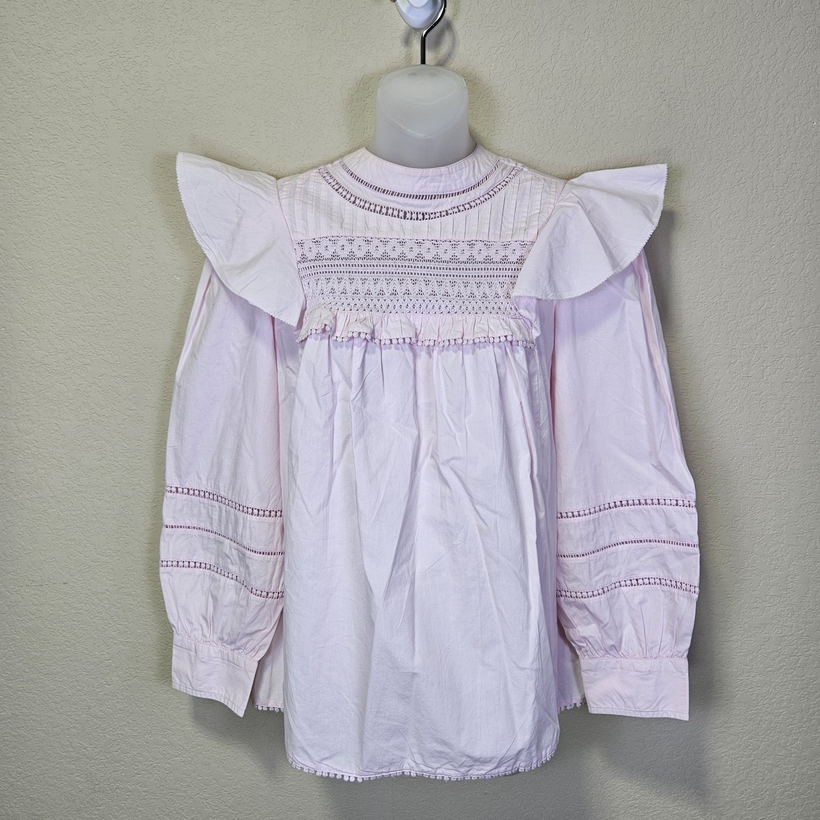 J.Crew Crochet Lace Ruffle Blouse S Pastel Pink Cottagecore Prairie Top Cotton