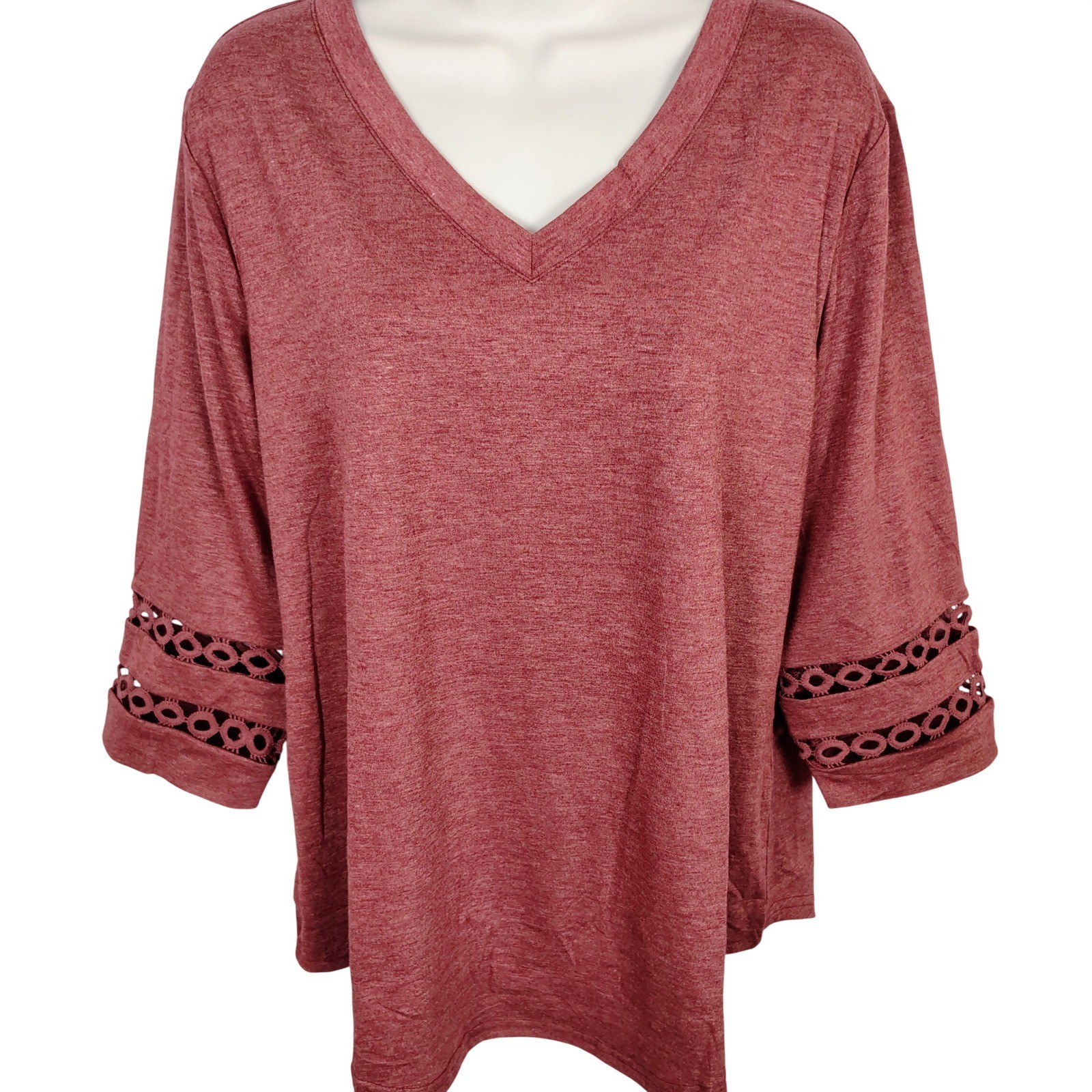 Womens Wine Red Heathered V-Neck Top Crochet Lace 3/4 Sleeve Large NWT Boho