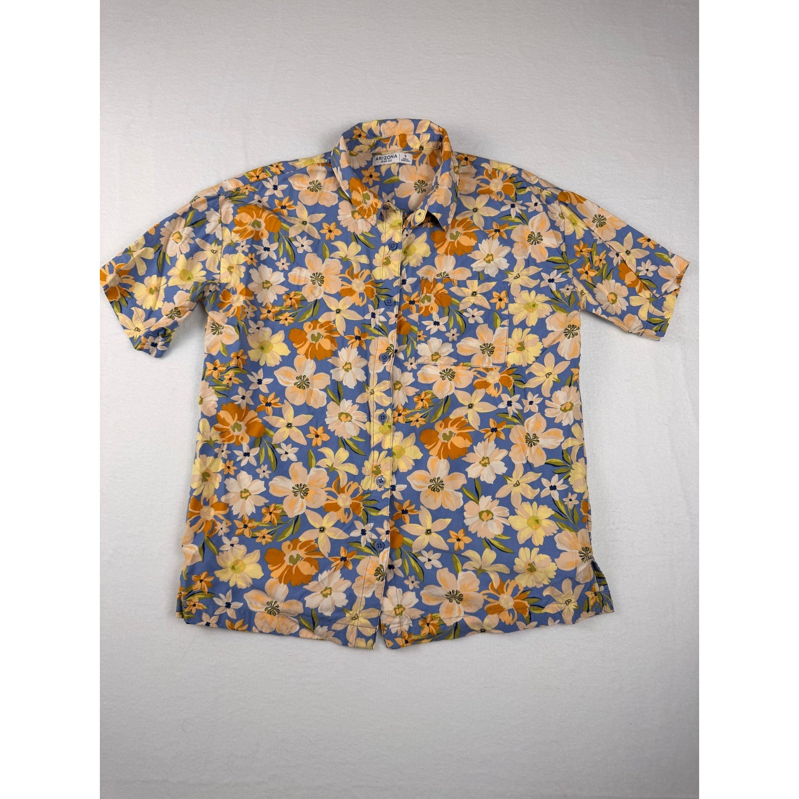 Arizona Jean Co Womens Small Blue Orange Floral Short Sleeve Button Down Shirt