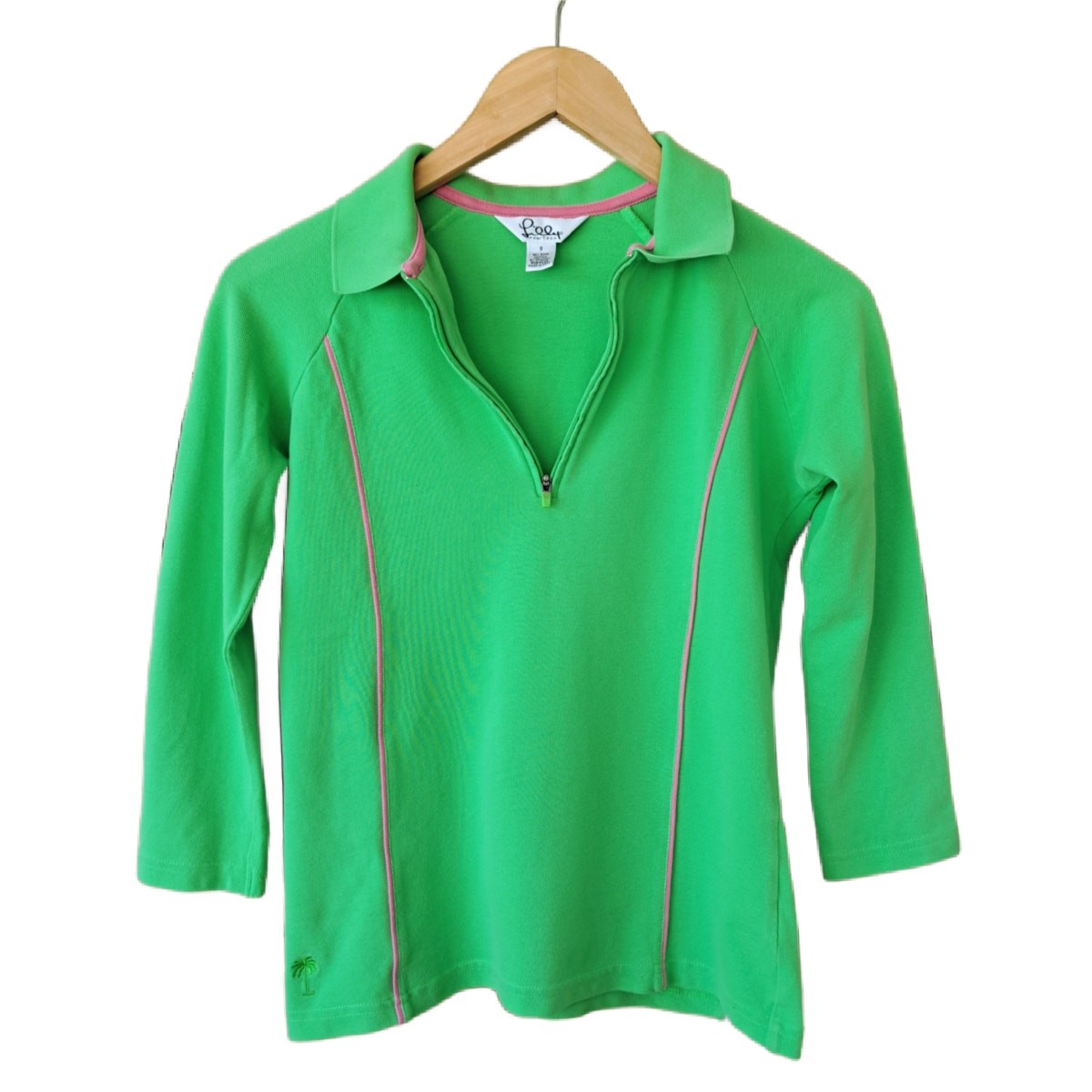 Lilly Pulitzer Lime Green ZIp Neck Polo Top Small 3/4 Sleeve White Label Golf