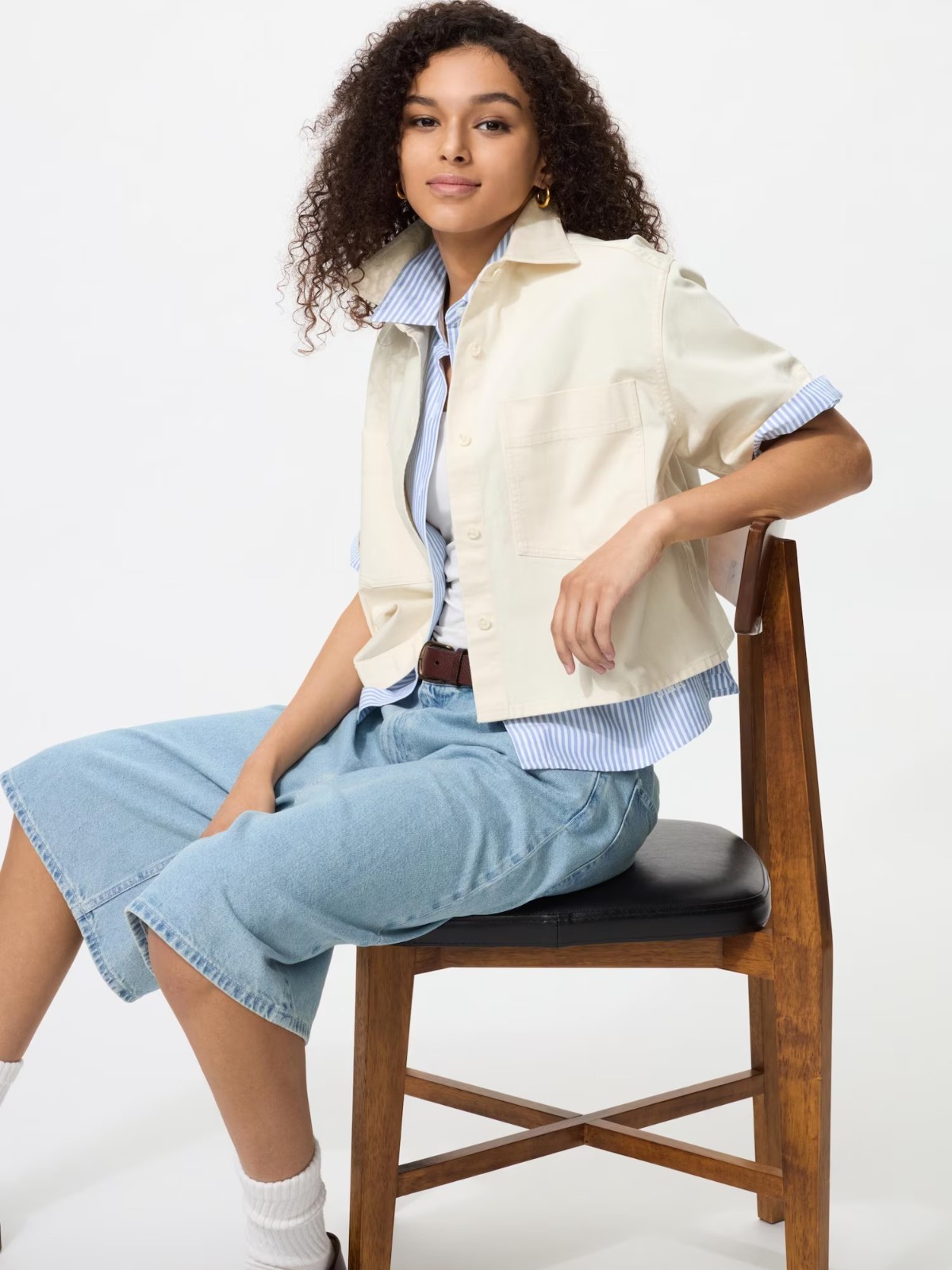 UNIQLO Denim Boxy Shirt S-3XL Short Half-Sleeve 100% Cotton Women 483877 NWT
