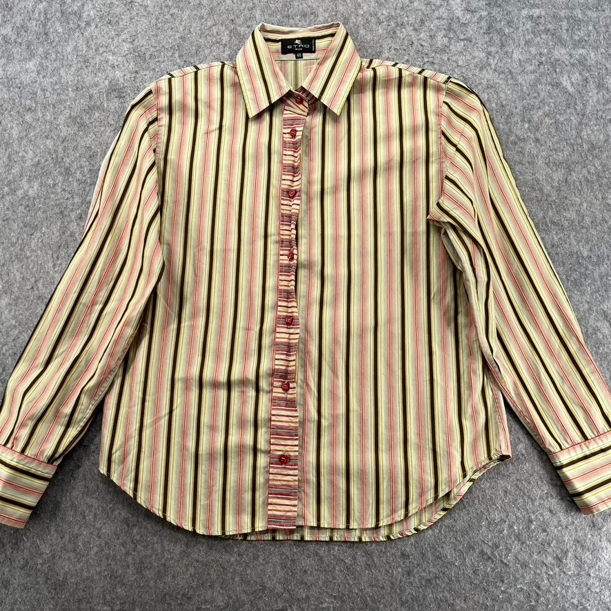 Etro Milano Button Up Shirt Top Womens Size 48 Yellow Striped