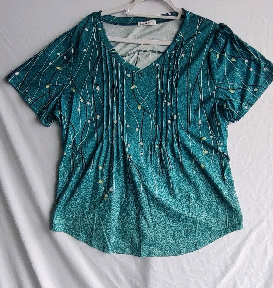 Womens Teal Flower Print Pullover Top Short Sleeve Poly Spandex Size 2XL